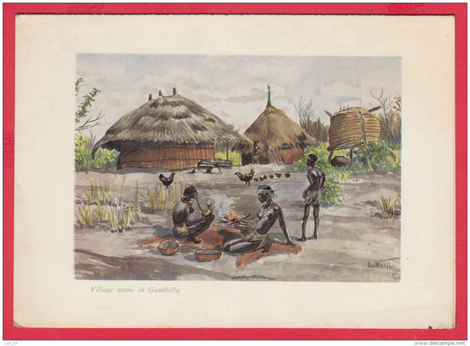 218805 /  Art ?? VILLAGE SCENE IN Gambela or Gambella , MENUETHIOPIAN AIRLINES , Ethiopia Ethiopie Athiopien