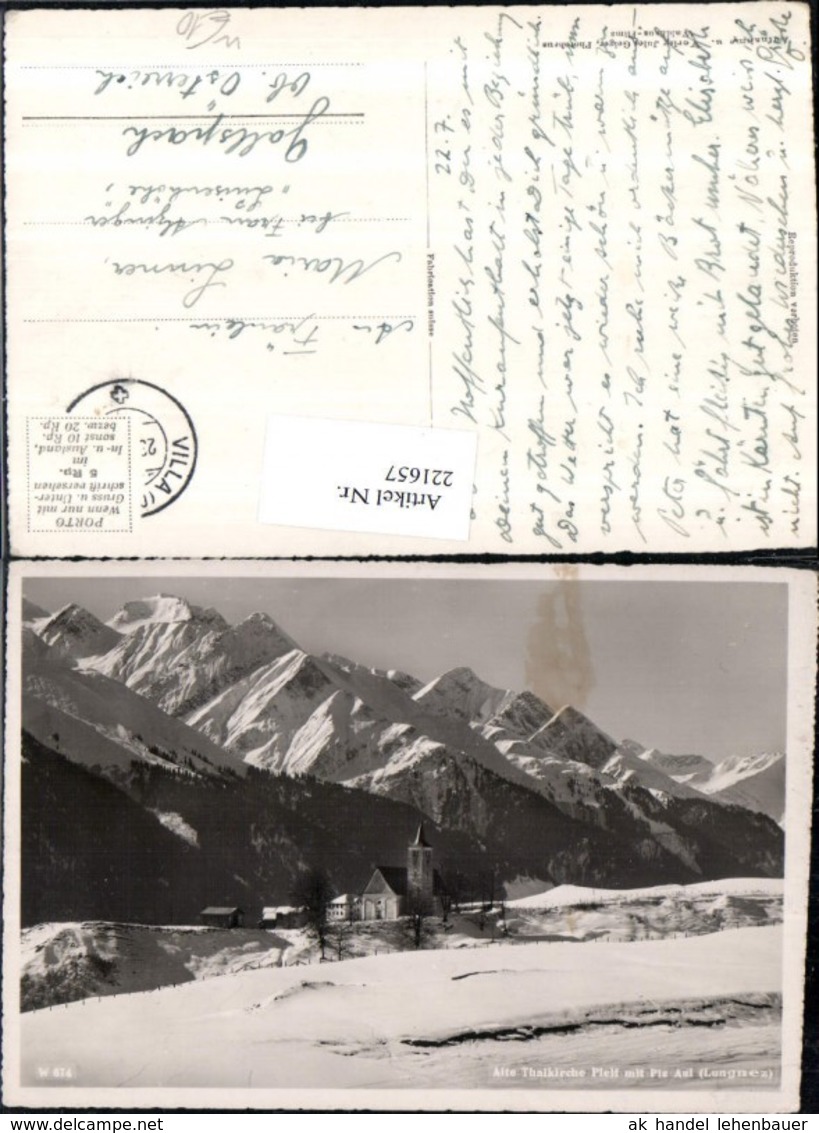 221657,Alt Thalkirche Kirche Pleif m. Piz Aul Lungnez b. Lumnezia Winterbild Kt Graub