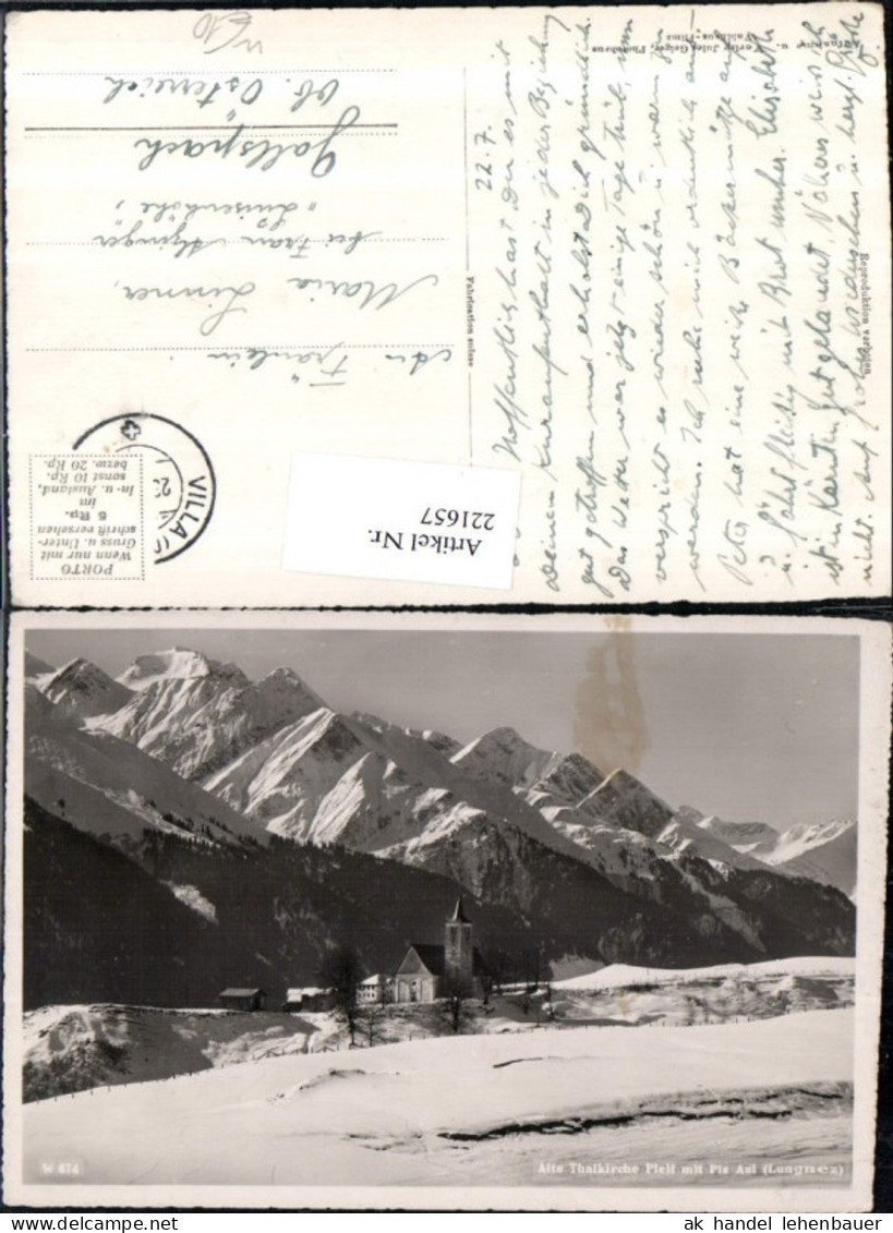 221657,Alt Thalkirche Kirche Pleif m. Piz Aul Lungnez b. Lumnezia Winterbild Kt Graubünden