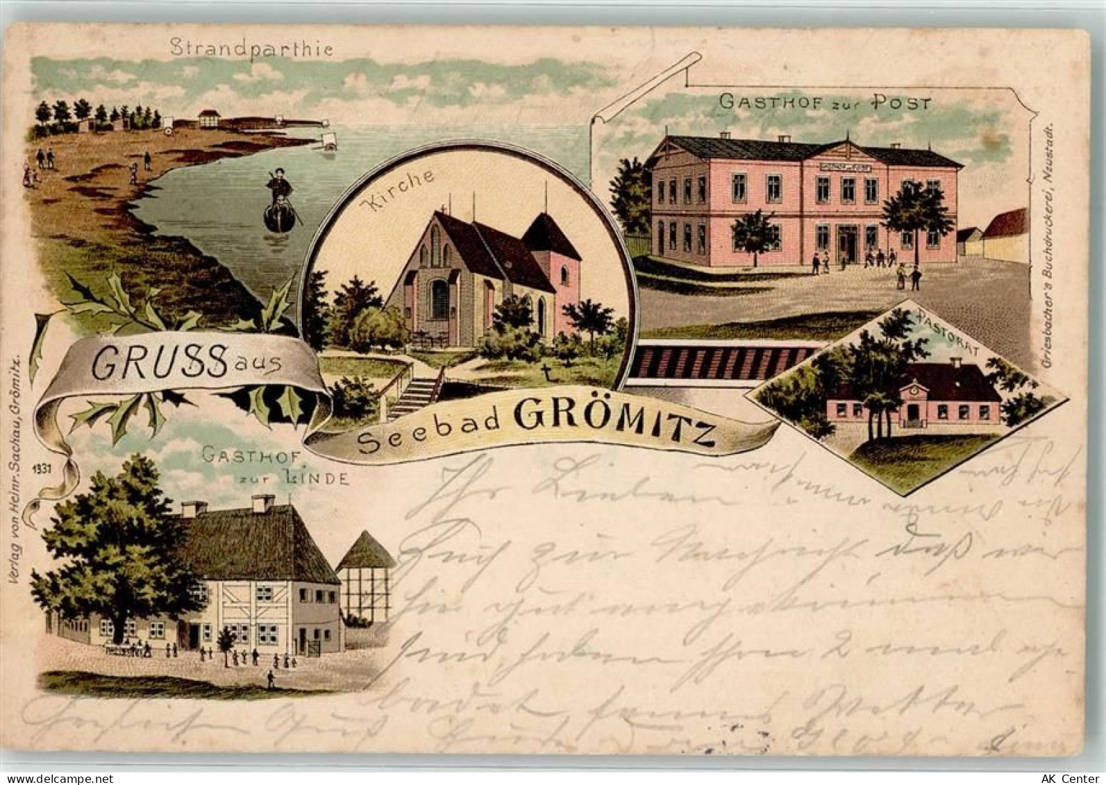 23743 W2433 Grömitz 1907 Lithographie Strand Gasthaus zur Post Gasthaus ... - 13628862
