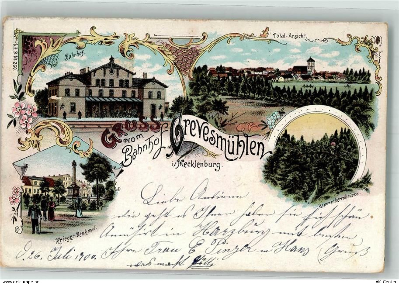 23936 O2420 Grevesmühlen 1900 Lithographie Kriegerdenkmal Bahnhof Kammer... - 13562544