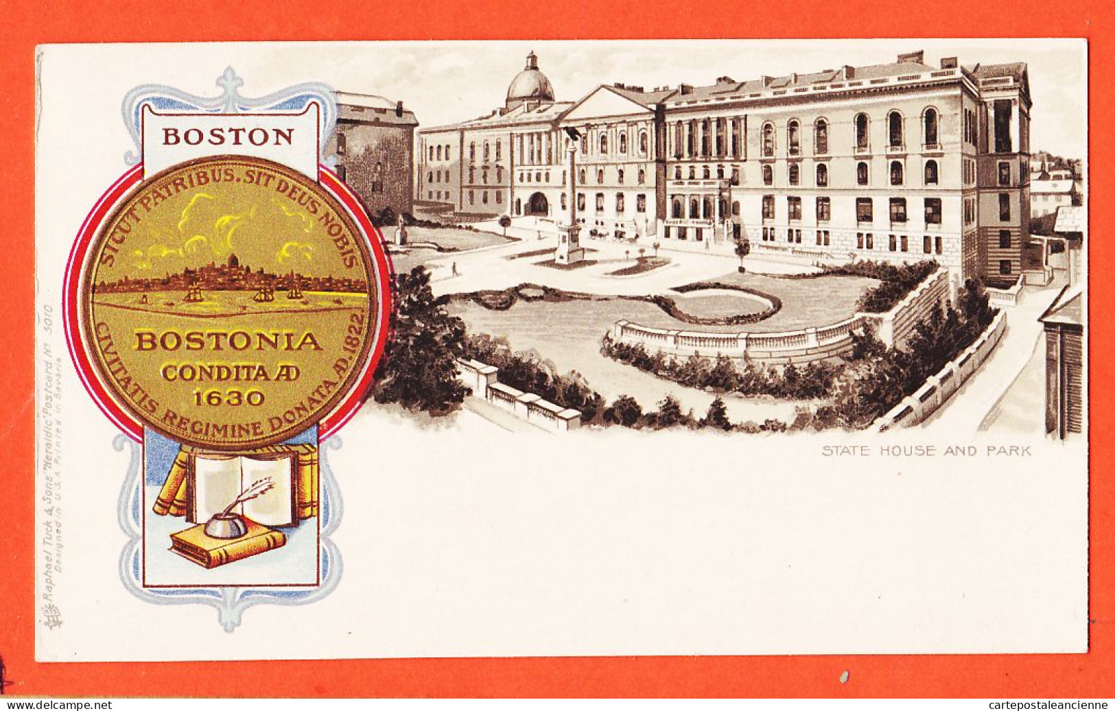 23950 /  BOSTON MA-Massachusetts BOSTONIA Condita 1630 State House and Park 1900s RAPHAEL TUCK HERALDIC 5010
