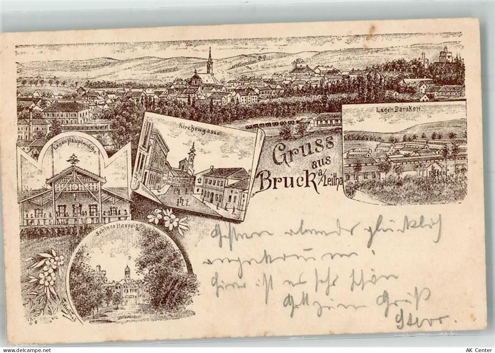 2460 Bruck an der Leitha 1898 Lithographie Kirchengasse Lagen Hauptwache... - 13641304