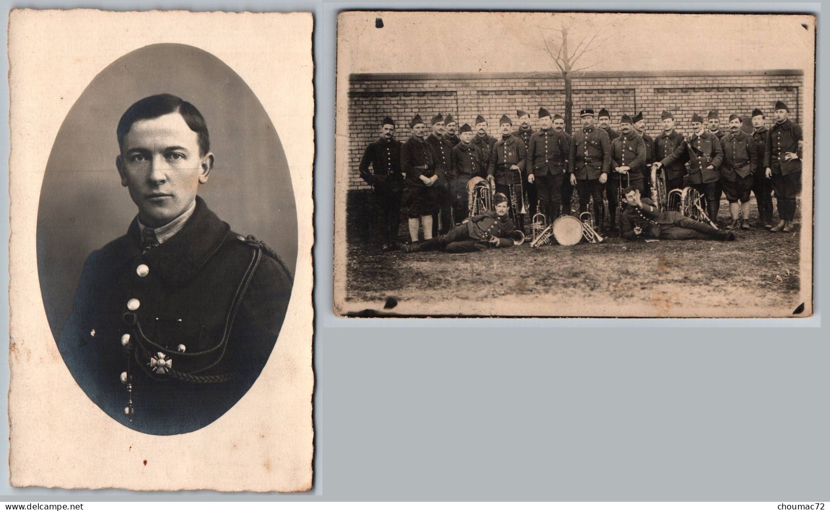 2589, Bas-Rhin, Bischwiller, Lot de 2 cartes photo, 25e BCP cantonné à Bischwiller, fanfare, Croix de Guerre