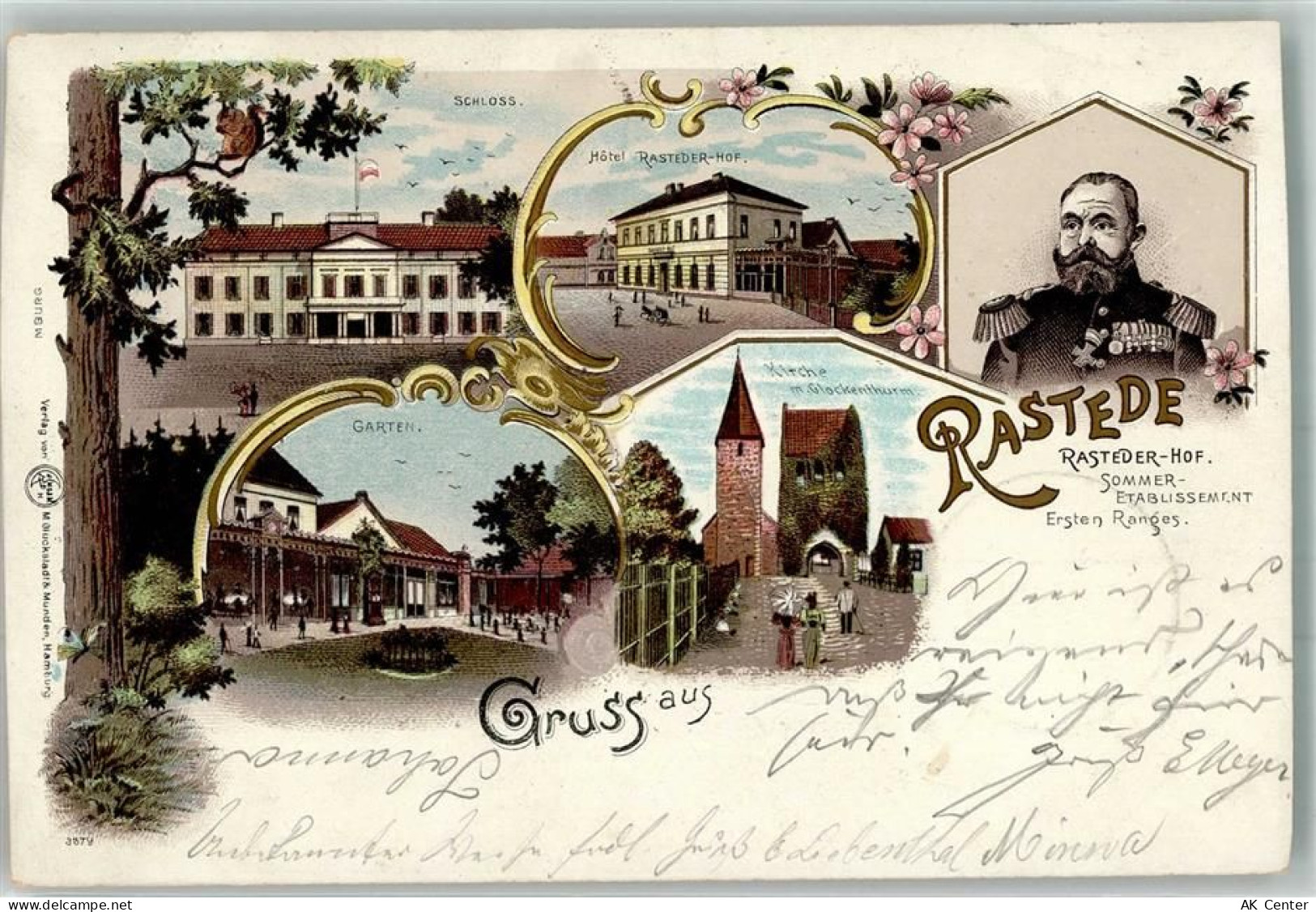 26180 W2902 Rastede 1898 Gebrauchsspuren Lithographie Schloss Hotel Rast... - 13552972