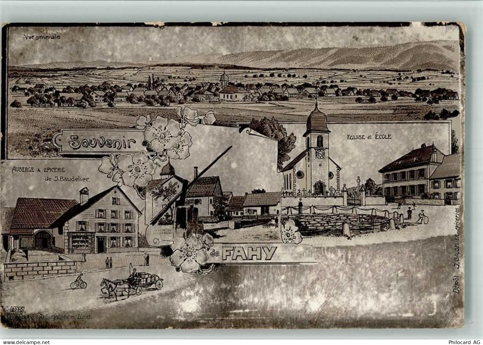 2916 Fahy 1907 BOAKC Lithographie Auberge Epicerie J. Baudelier Eglise E... - 13702663