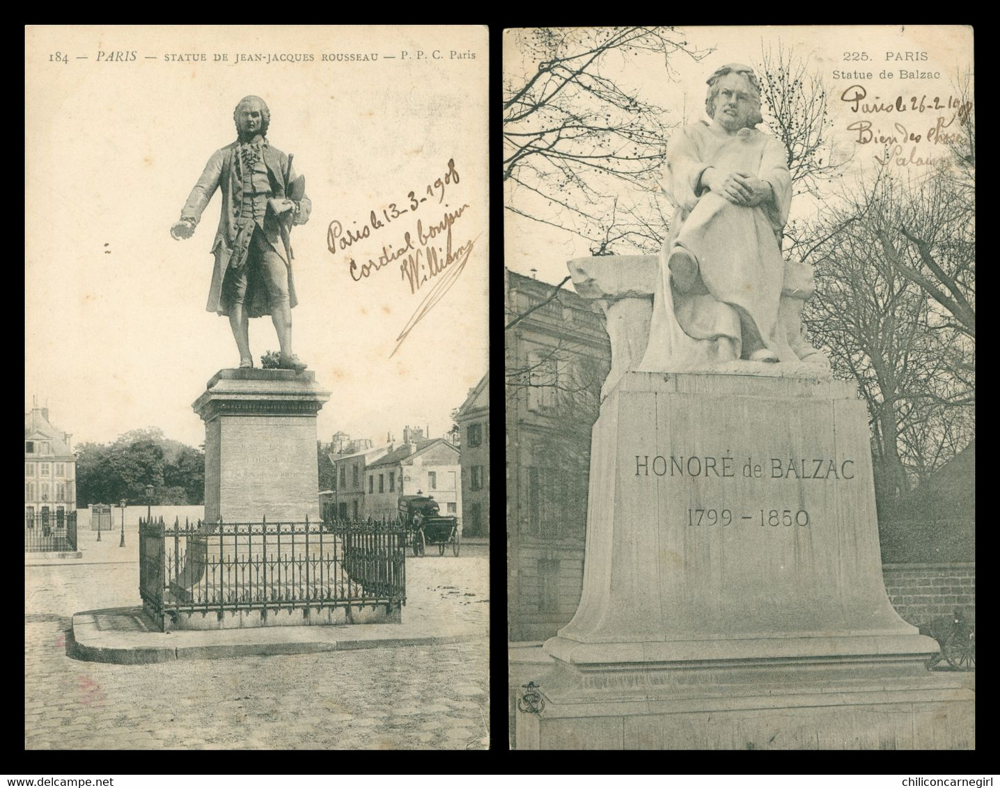 3 Cp - PARIS - Statue de Balzac - Statue Velasquez - Statue de Jean Jacques Rousseau - 1908