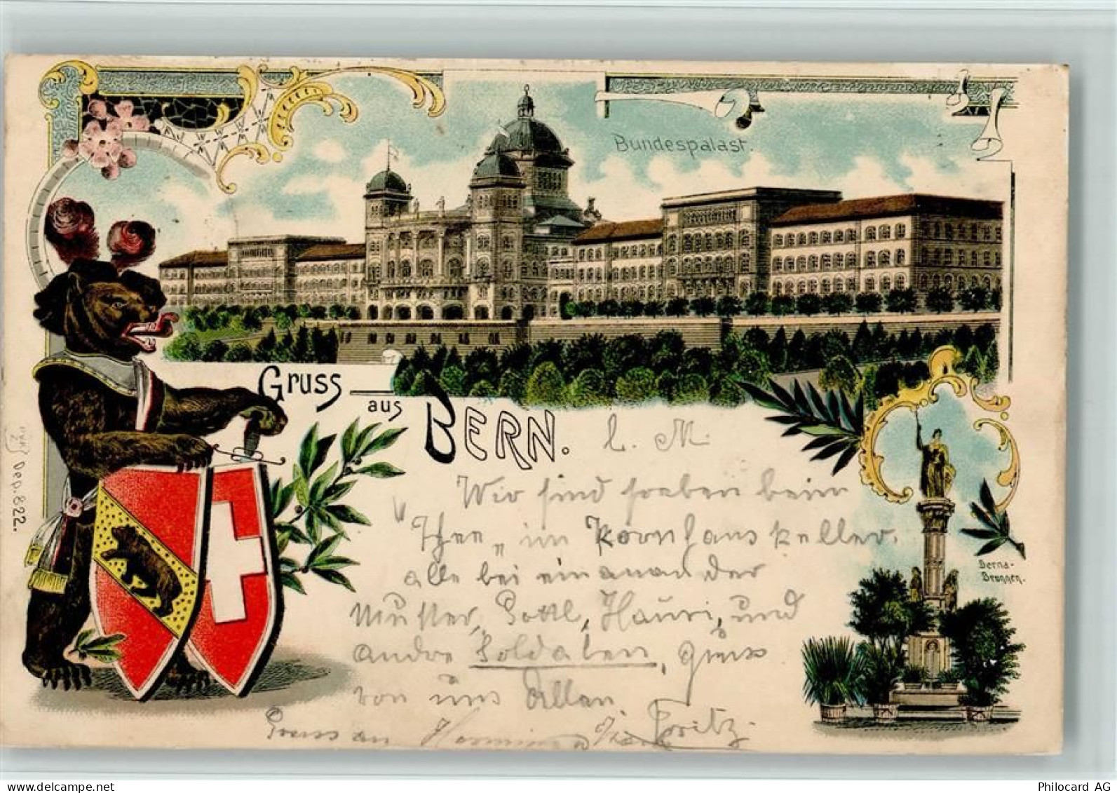 3000 Bern Berne Lithographie Bundespalast Berna-Brunnen Bär Wappen - 13220879