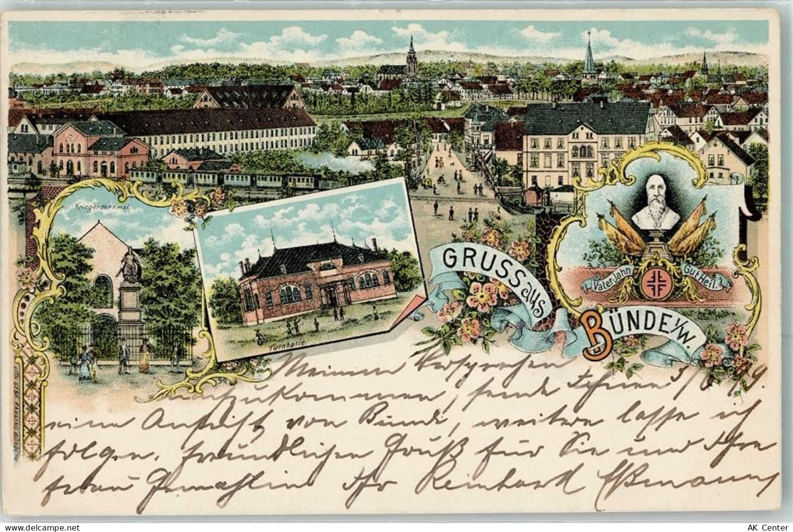 32257 W4980 Bünde 1899 Lithographie Turnhalle Vater Jahn Kriegerdenkmal... - 13614963