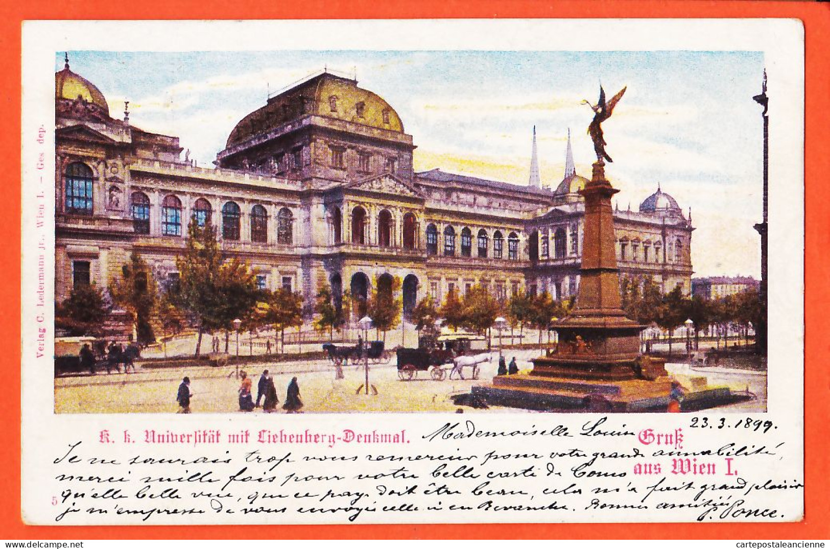 32333 /  Gruß aus WIEN Gruss Universität mit Liebenberg-Denkmal 1899 à Louise LEMARCHAND Villa Guilia Bellagio Lac Como