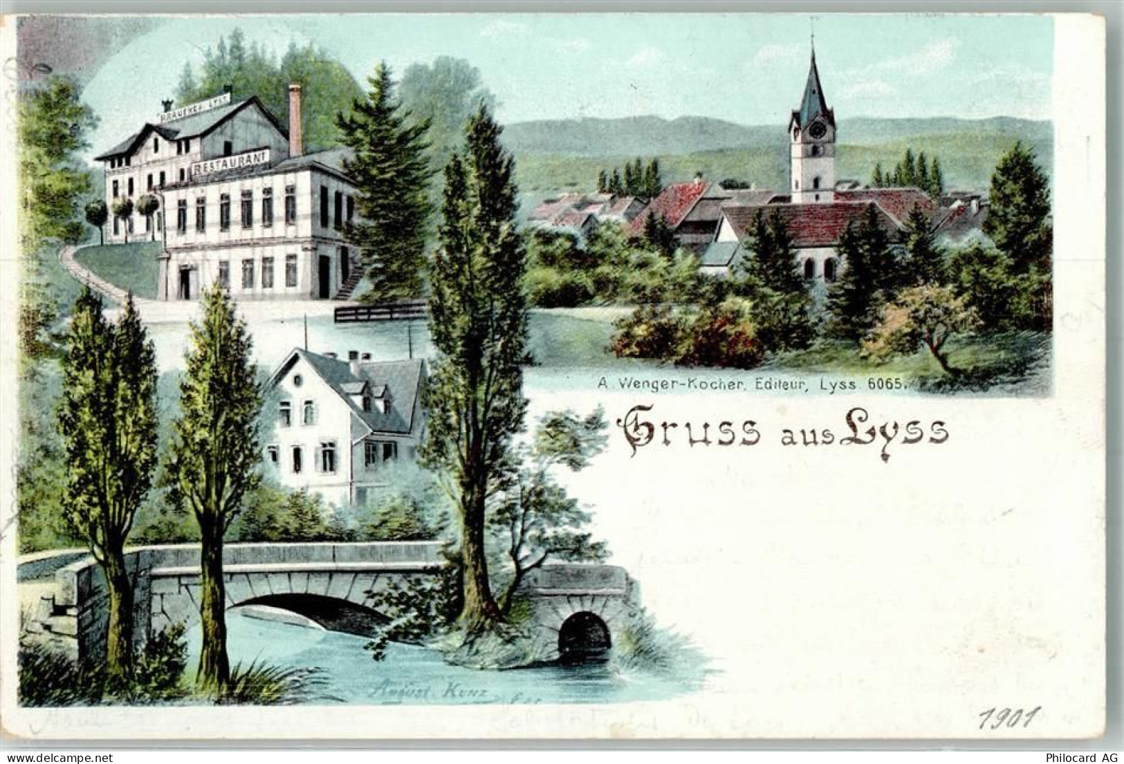 3250 Lyss 1901 Lithographie Gasthaus Kirche Feldpost Compagnie de Chemin... - 13568182