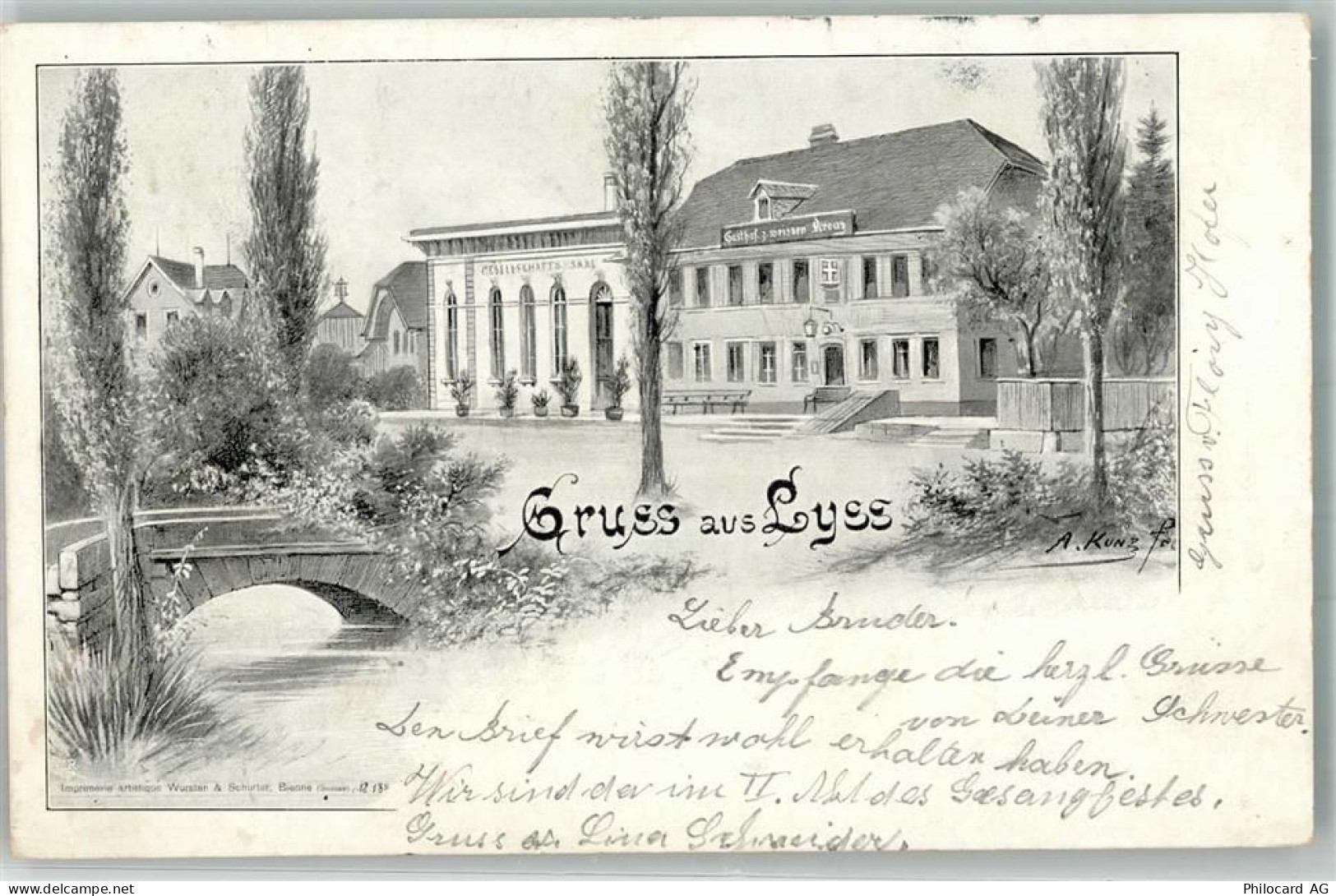 3250 Lyss 1903 - sign. Kunz, A. Gasthaus zum weissen Kreuz - 13552211