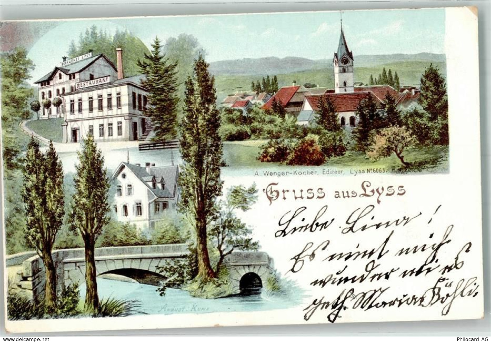 3250 Lyss Lithographie / Künstlerkarte sign Kunz August Gasthaus Brauere... - 13636385