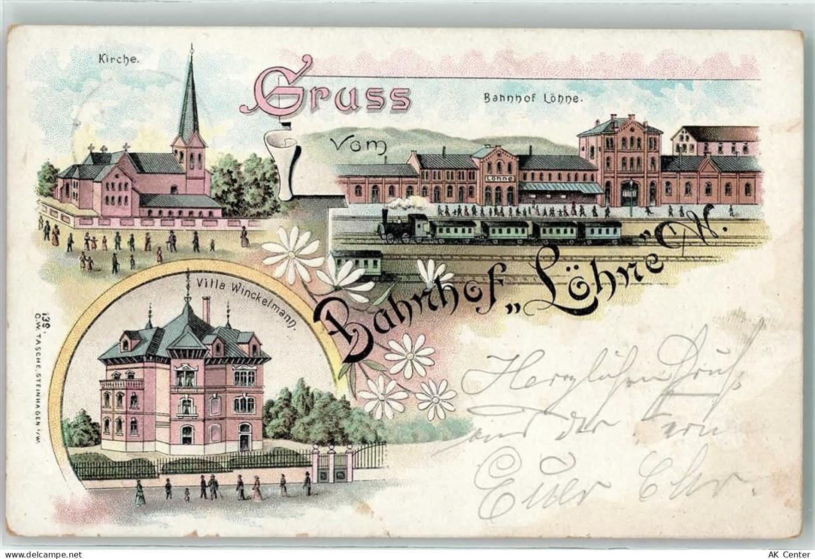 32584 W4972 Löhne 1897 Lithographie Kirche Bahnhof Eisenbahn Villa Winck... - 13606197