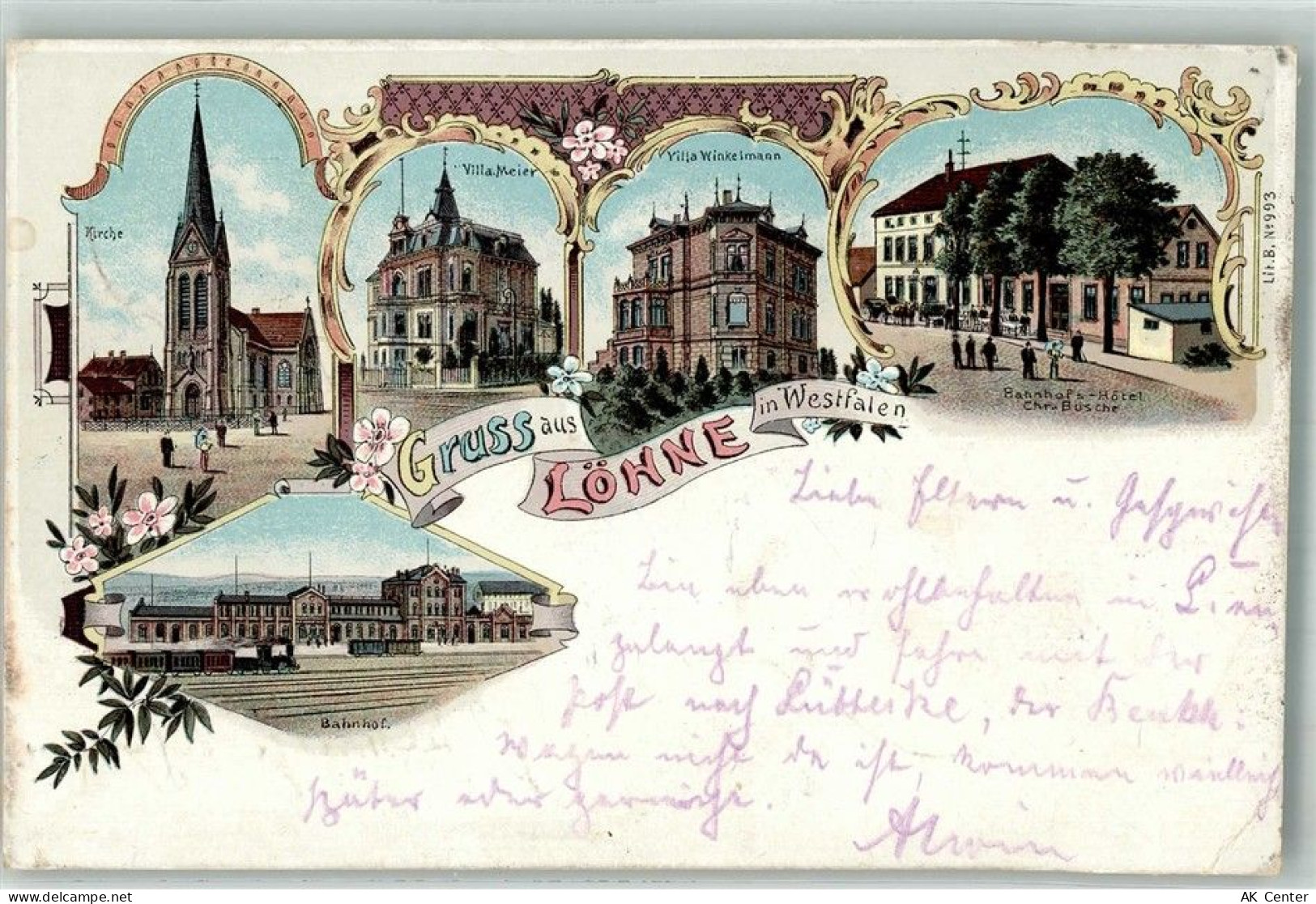 32584 W4972 Löhne 1898 Gebrauchsspuren Lithographie Kirche Bahnhof-Hotel... - 13670408