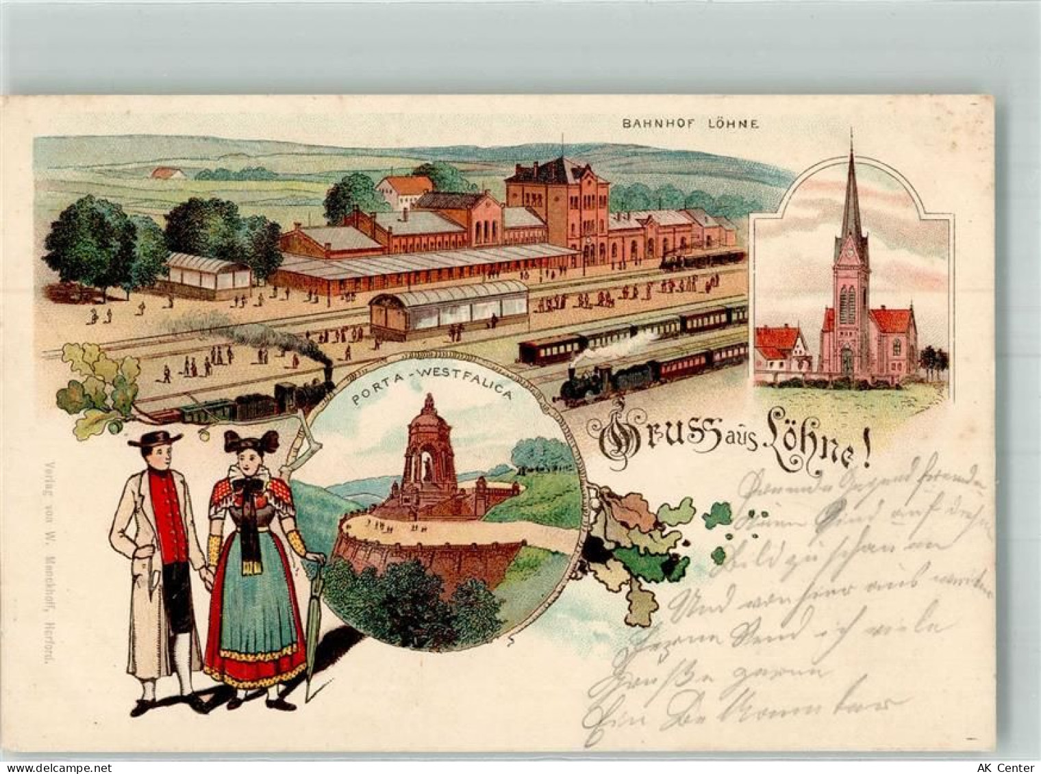 32584 W4972 Löhne 1900 Lithographie Trachtenpaar Bahnhof Löhne Porta Wes... - 13642305
