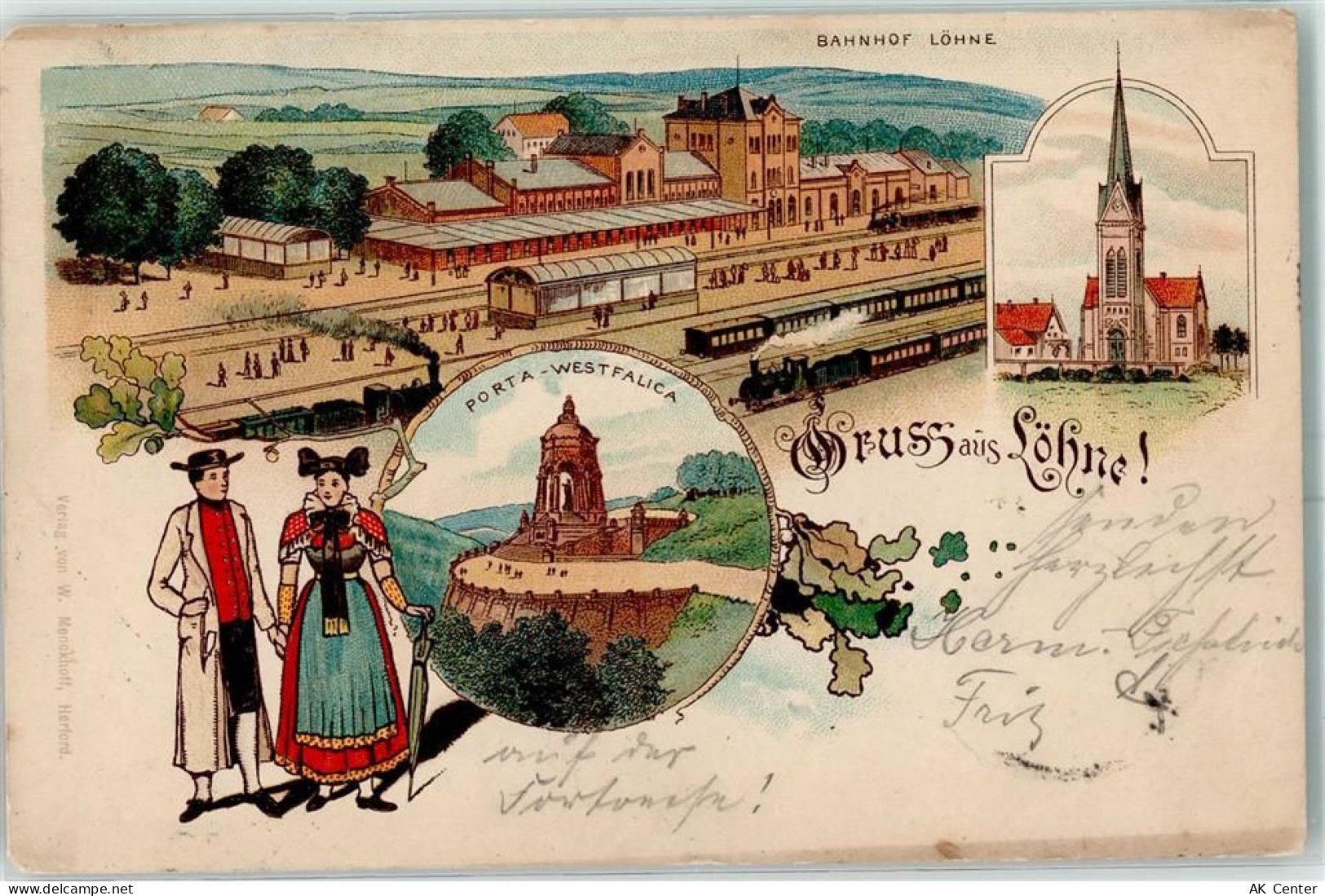 32584 W4972 Löhne 1902 Lieder AK Bahnhof Kirche Porta Westfalica Trachte... - 13602989