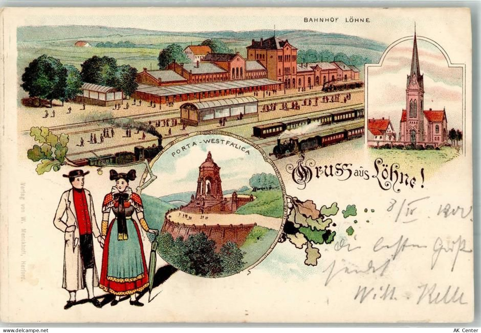 32584 W4972 Löhne 1903 Lithographie Volkstrachten-Paar Bahnhof Löhne Por... - 13655345