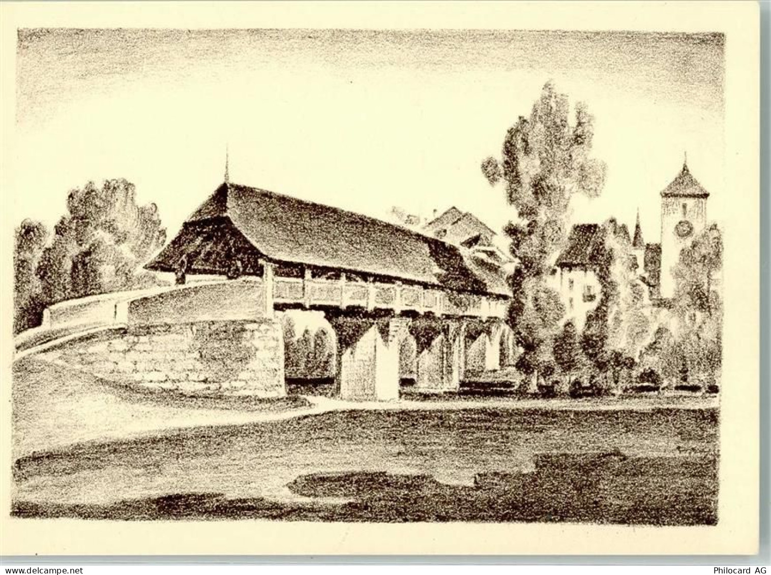 3270 Aarberg Radierung Alte Holzbrücke Zeichnung sign. F.Wyss - 10664521