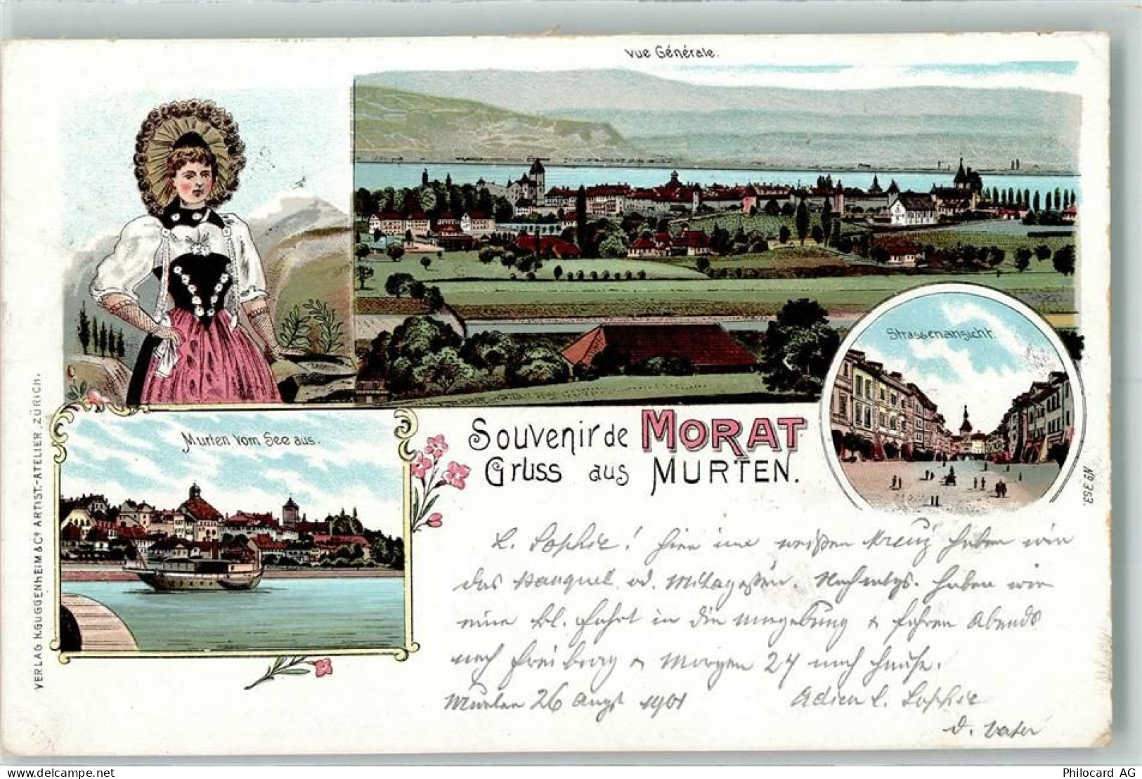 3280 Murten Morat 1901 Lithographie Tracht Murten vom See aus - 13414411