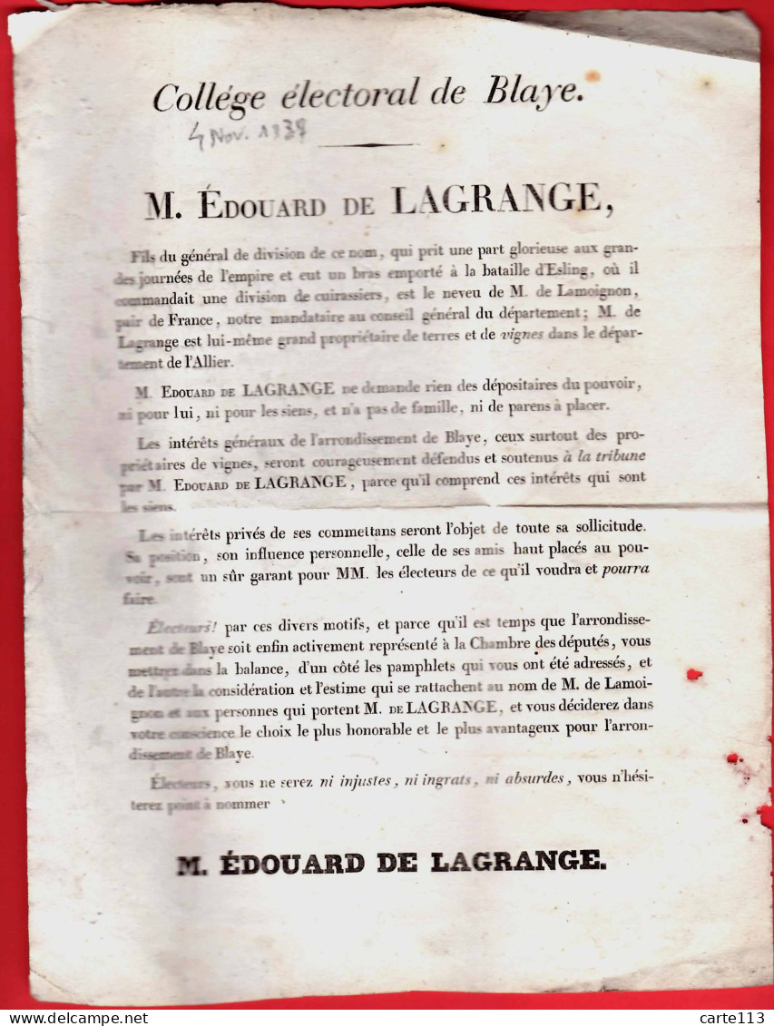 33 - F36177PAP - BLAYE - affiche électoralE de Mr Edouard de LAGRANGE - Bon état - GIRONDE