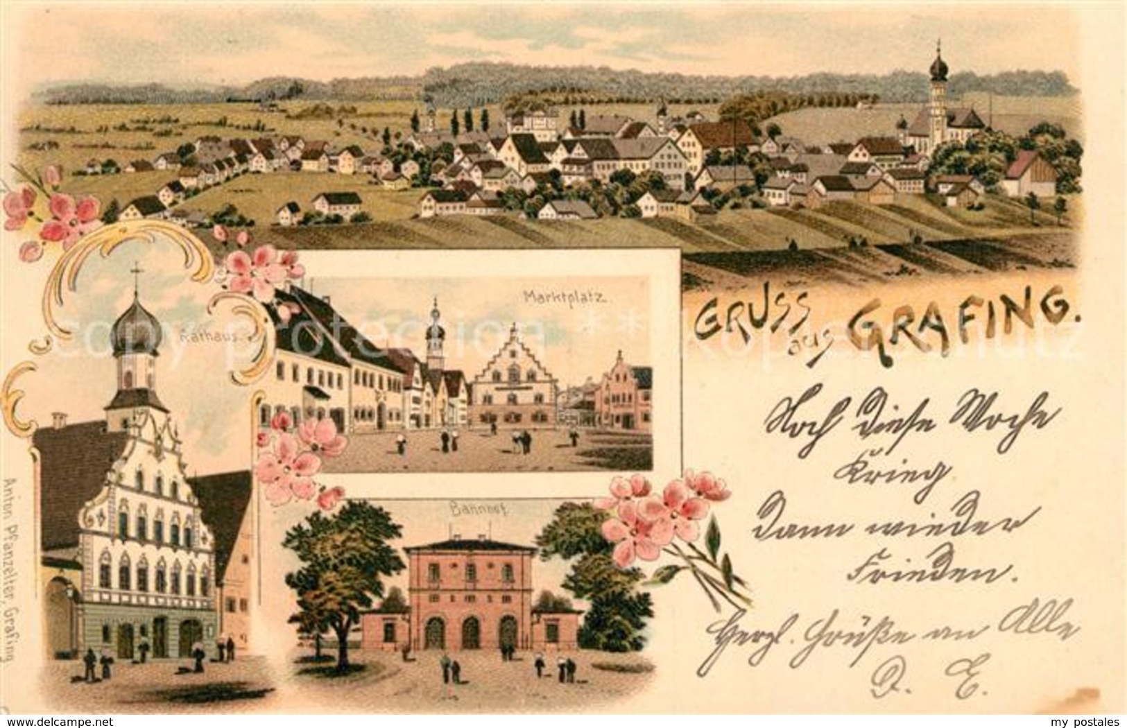 33149873 Grafing Muenchen Rathaus Marktplatz Bahnhof Litho Grafing