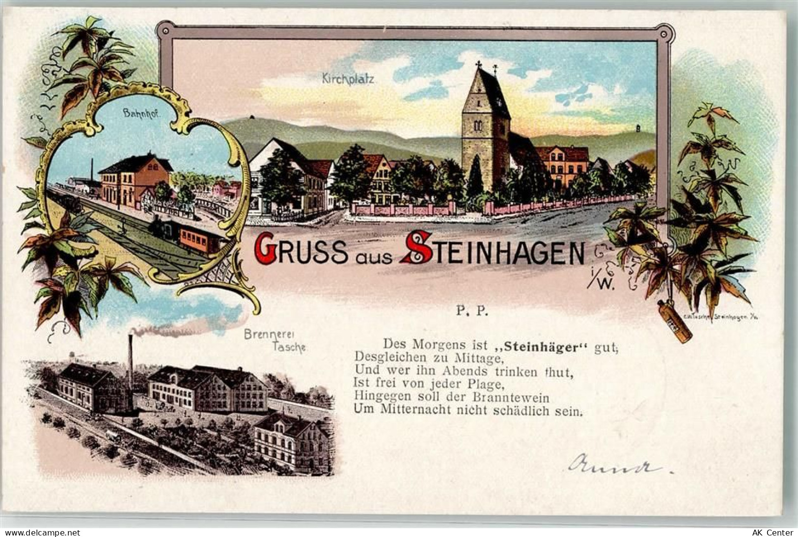 33803 W4803 Steinhagen , Westf 1900 Lithographie Steinhäger Bahnhof Kirc... - 13628638