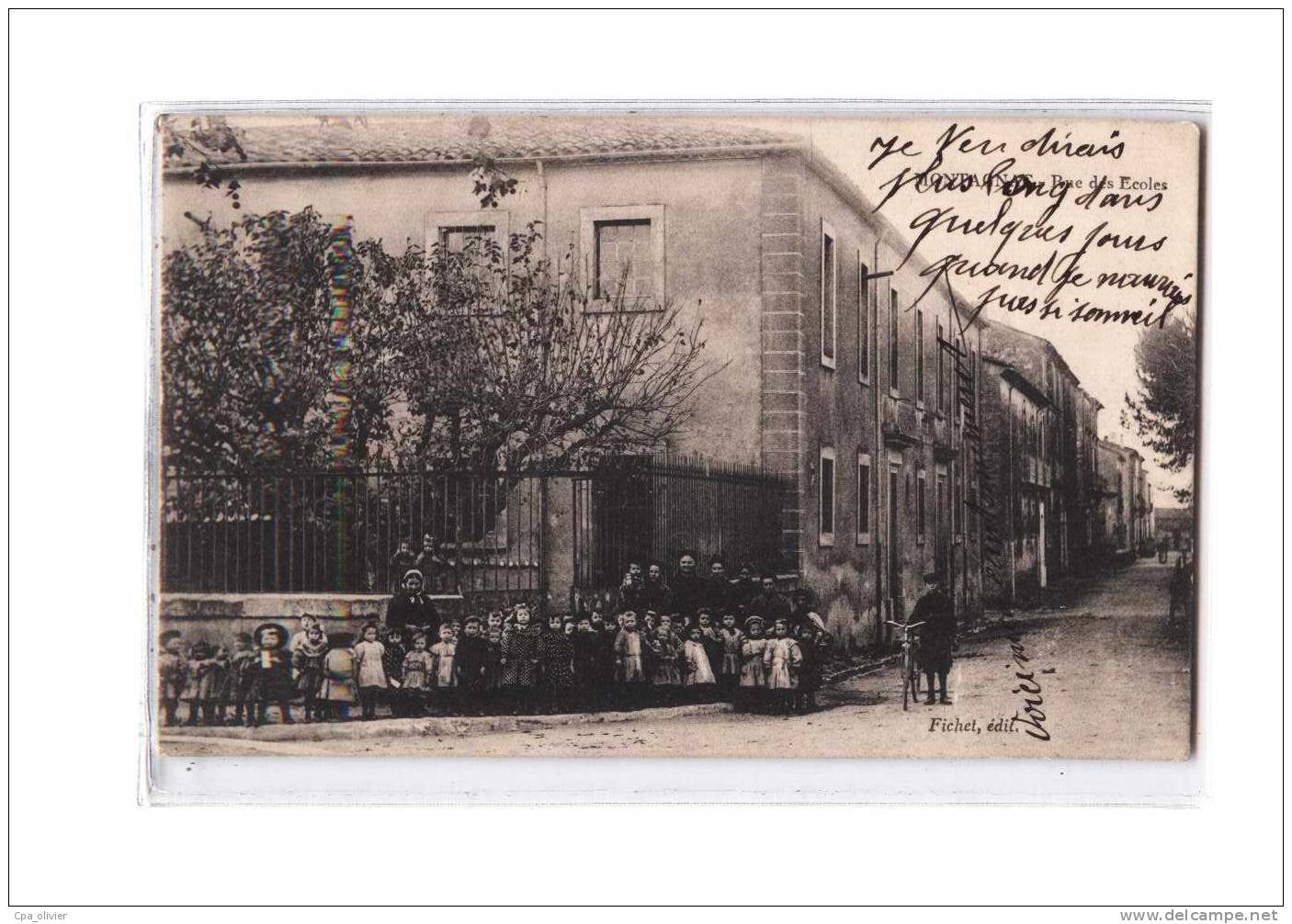 34 MONTAGNAC Rue des Ecoles, bien animée, ed Fichet, 1915