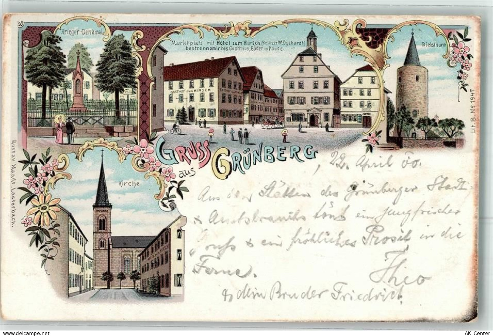 35305 W6310 Grünberg , Hess 1900 Lithographie Kriegerdenkmal Marktplatz ... - 13622369