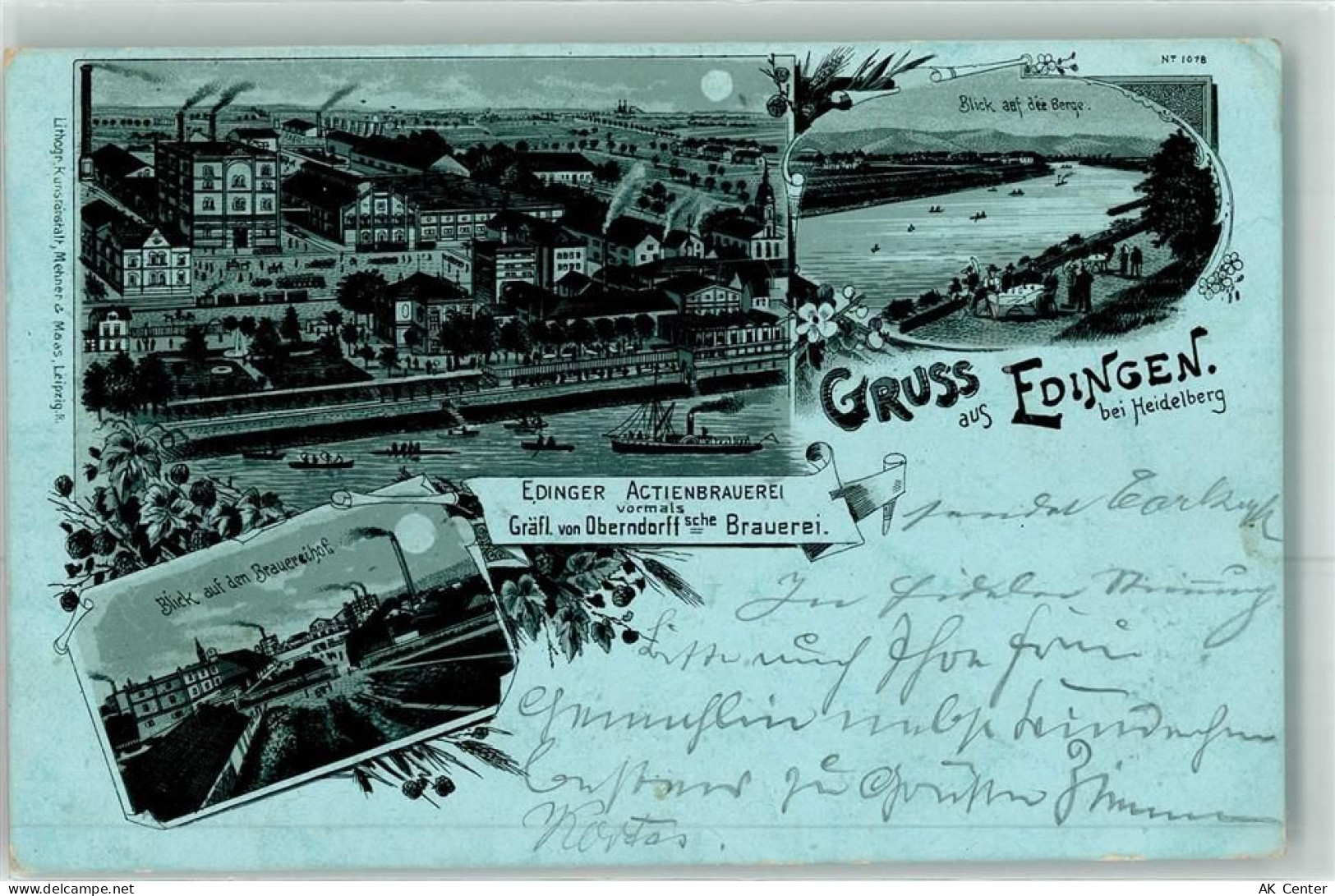 35764 W6349 Edingen , Hess Lithographie / Mondschein Brauerei Actienbrau... - 13614597