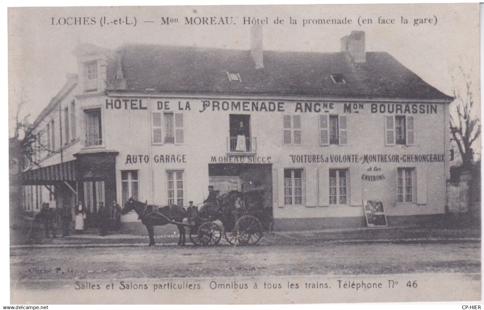 37 - LOCHES - PLACE DE LA TOUR - OMNIBUS A CHEVAL DEVANT L'HOTEL DE LA PROMENADE - MAISON MOREAU
