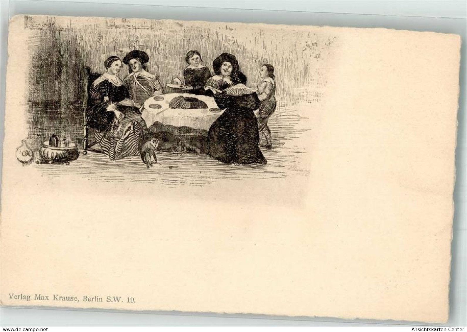 38155453 - Affe  Frauen u. Maenner bei Tisch Verlag Max Krause