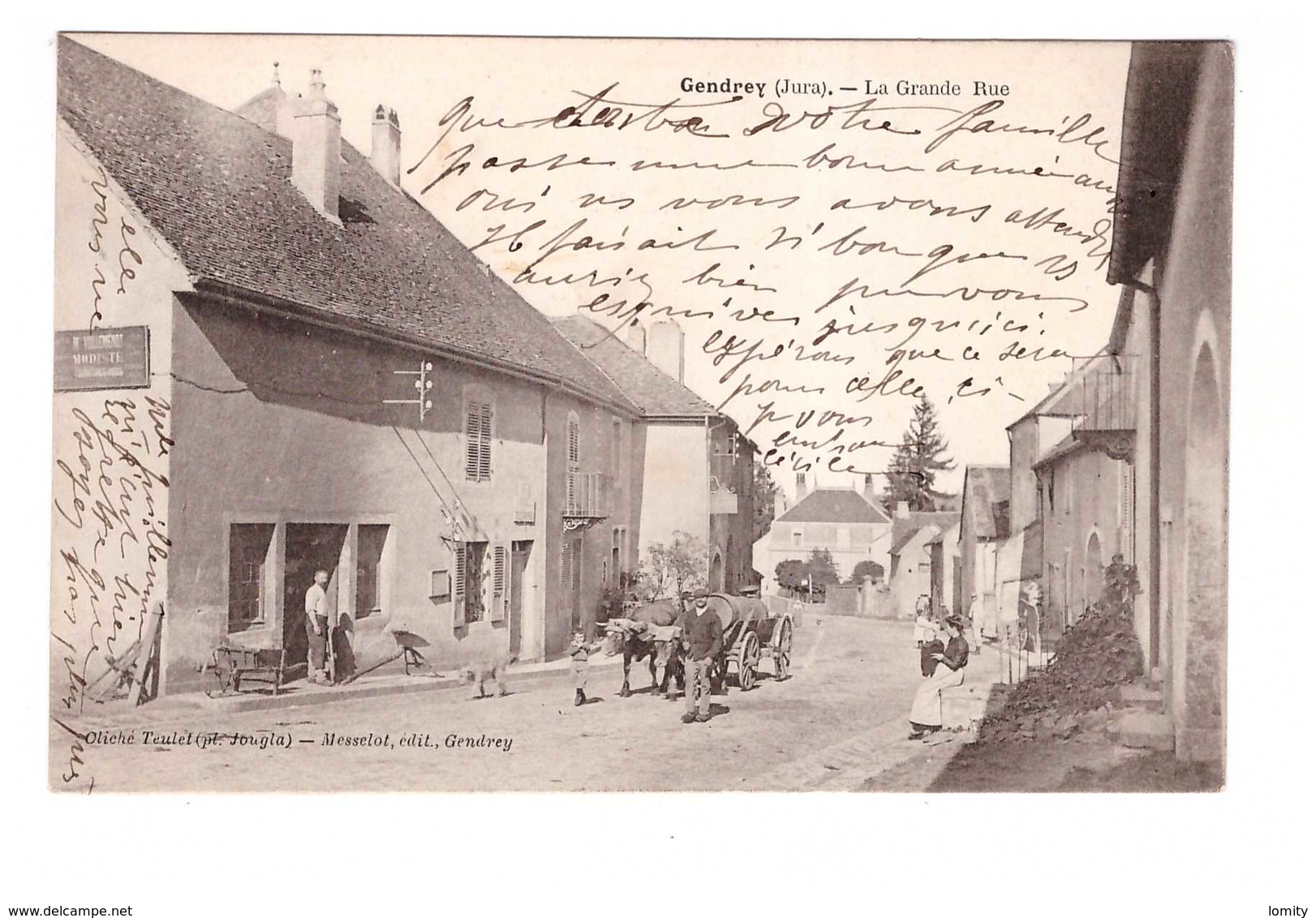 39 Gendrey la grande rue cpa carte animée animation attelage boeufs cachet oblitération gendrey 1905