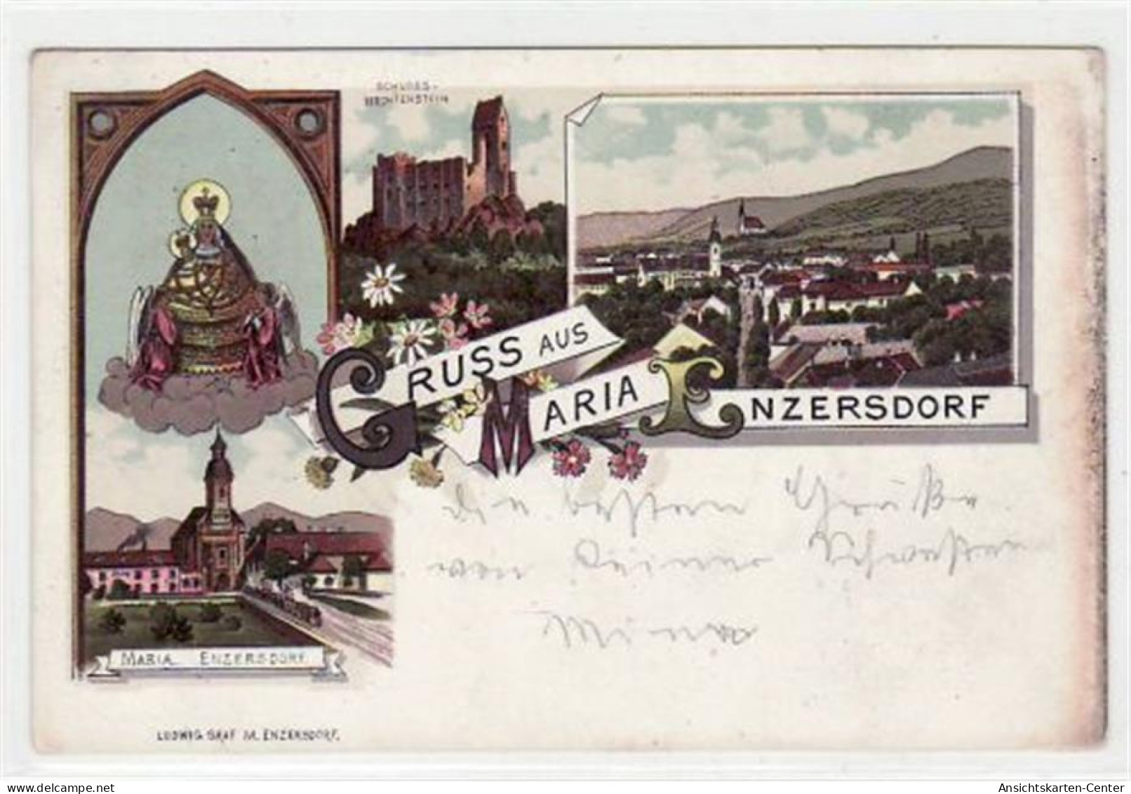 39006103 - Gruss aus Maria Enzersdorf.  Maria Enzersdorf Madonna Schloss Liechtenstein Gesamtansicht gelaufen, sehr fru