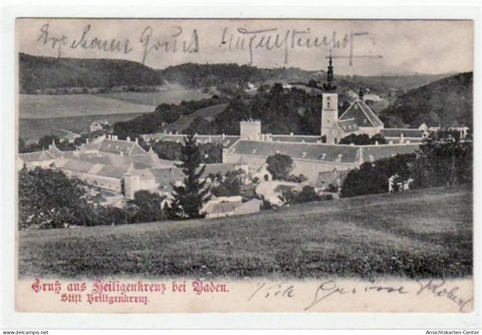 39006191 - AK Guss aus Heiligenkreuz bei Baden. Stift Heiligenkreuz gelaufen, sehr fruehe Karte da Anschriftseite noch