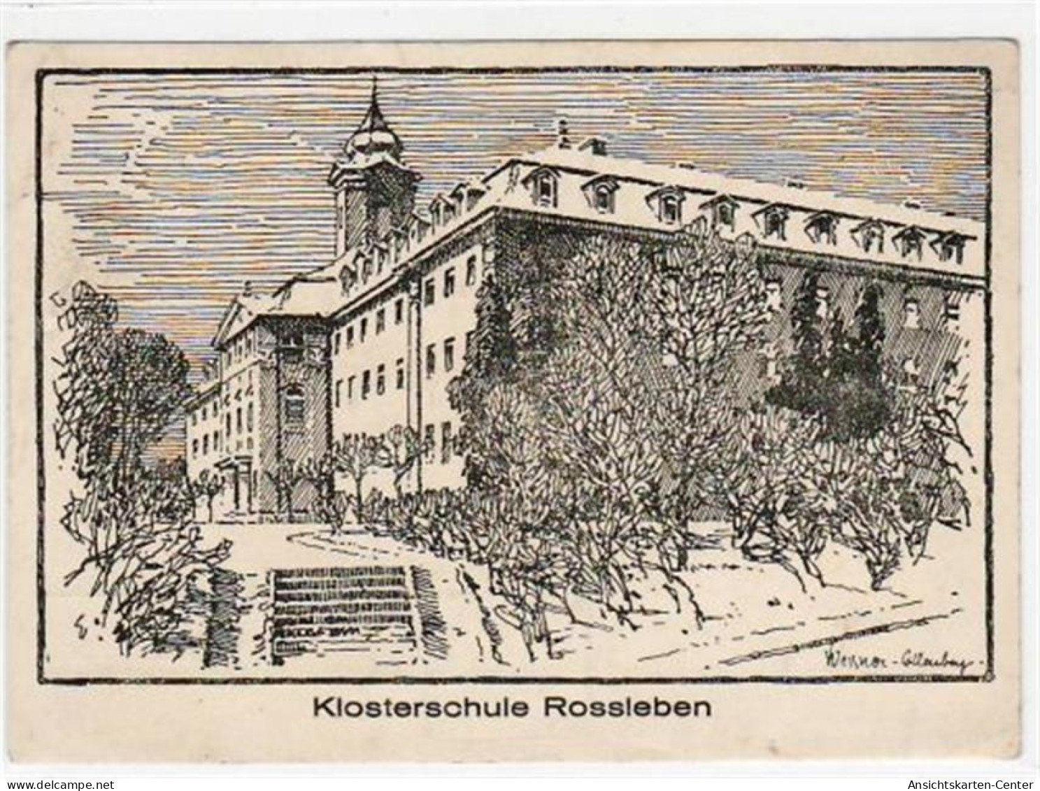 39011810 - Federzeichnung von Rossleben mit Klosterschule ungelaufen  Leicht buegig, leicht fleckig, sonst gut erhalten