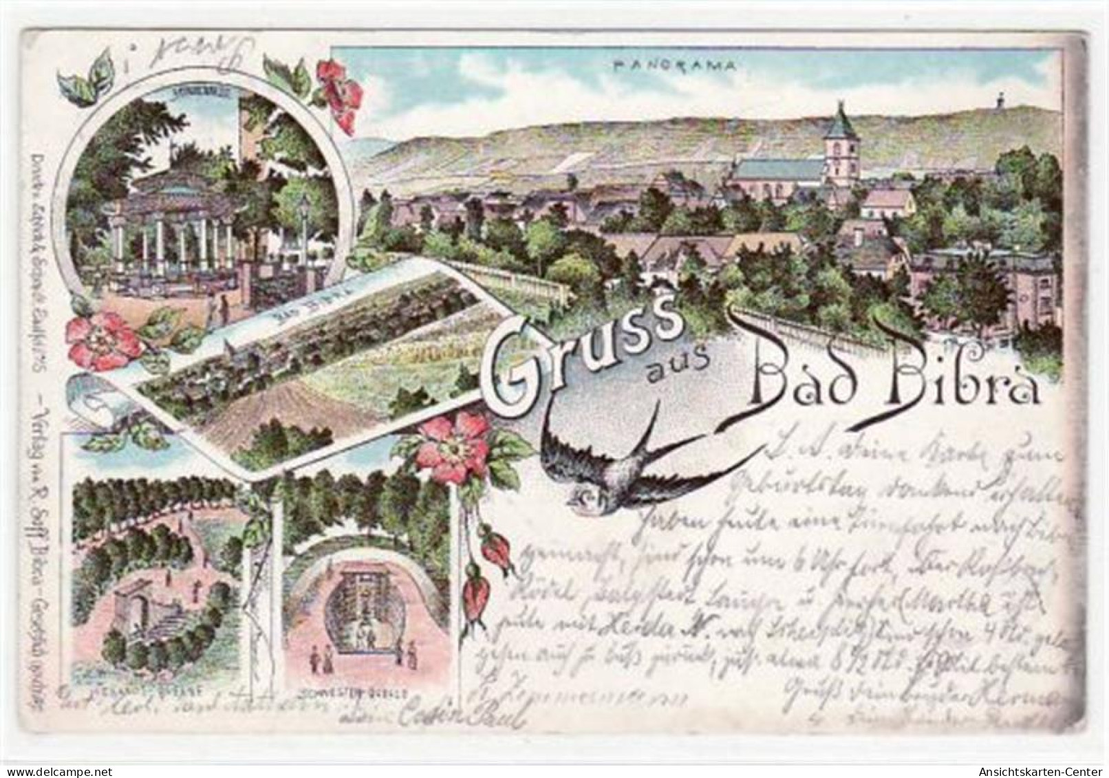 39013020 - Lithographie Gruss aus Bad Bibra mit Brunnenhalle, Panorama, Gesamtansicht, Heilands - Quelle und Schwester