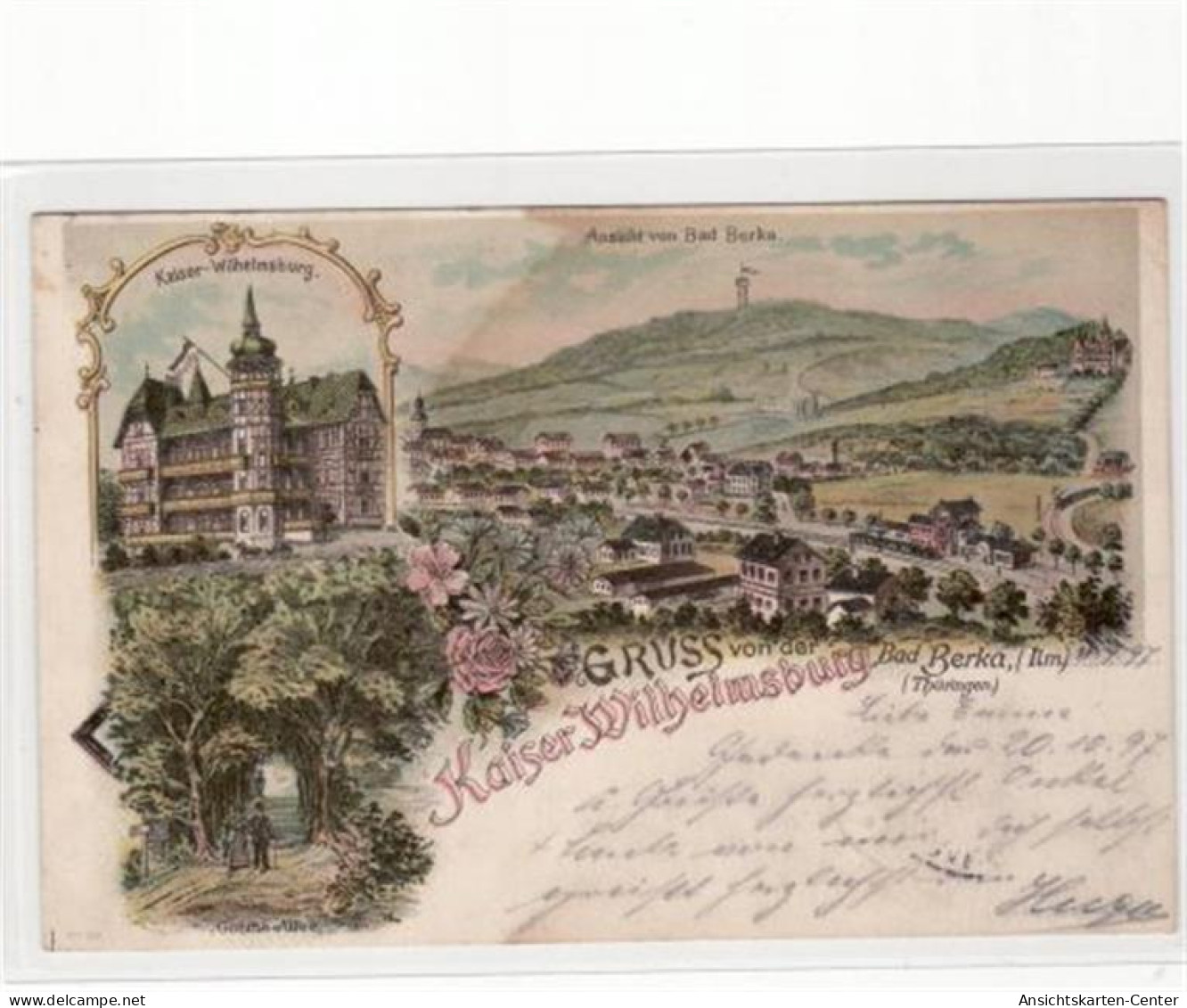 39016311 - Lithographie  Gruss von der Kaiser Wilhelmsburg Bad Berka mit kaiser-Wilhelmsburg, Goethe Allee und Ansicht
