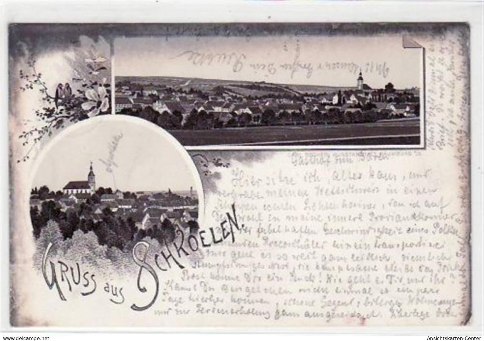 39017239 - Lithographie Gruss aus Schkoelen mit Gesamtansicht und Teilansicht gelaufen von 1896 kleiner Knick unten lin