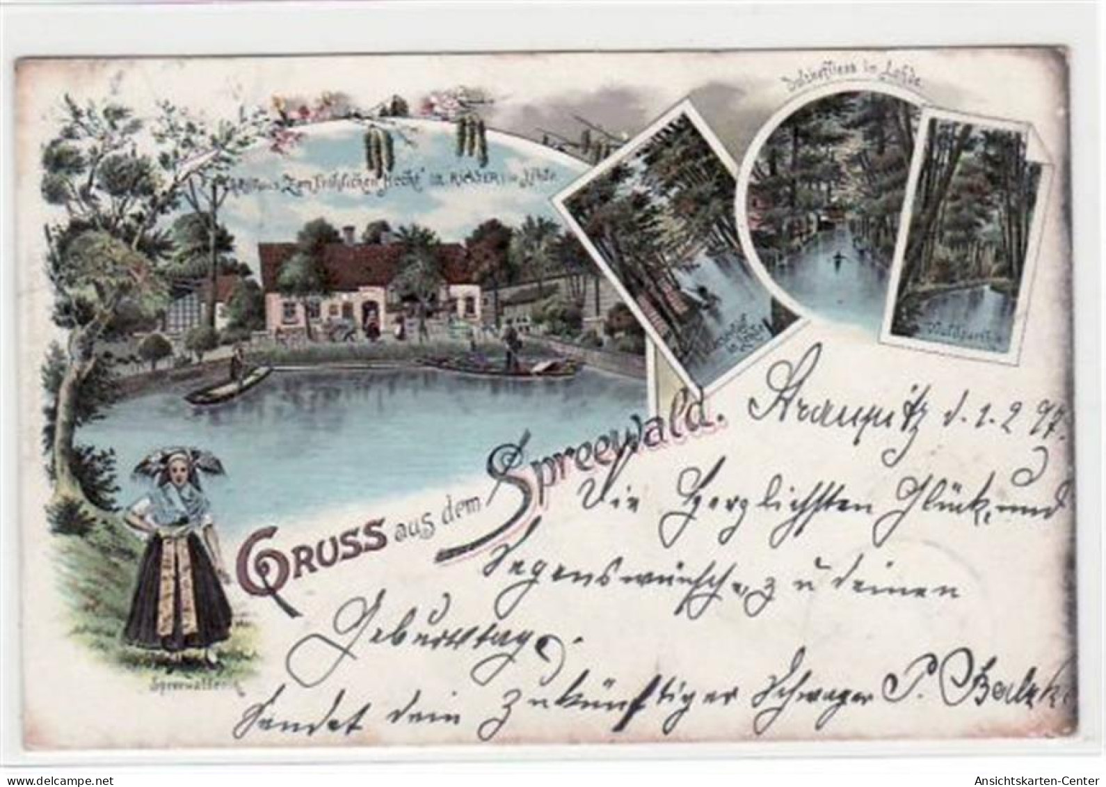 39021399 - Lehde im Spreewald, Lithographie Gasthaus Zum Froehlichen Hecht, Wasserlauf, Dolzkefliess, Waldpartie Spreew