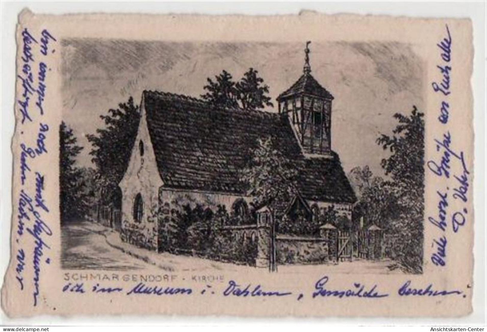 39043900 - Berlin Wilmersdorf, Schmargendorf, Kuenstlerkarte mit Kirche gelaufen von 1953. Gute Erhaltung.
