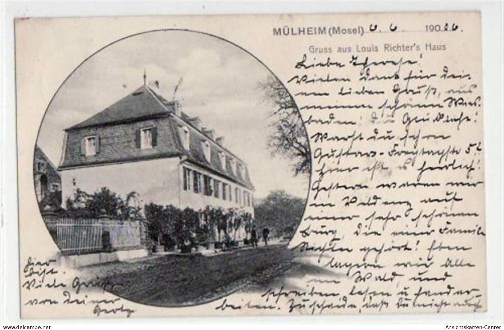 39056857 - Muehlheim a.d. Mosel mit Louis Richter's Haus gelaufen von 1906. Leichter Stempeldurchdruck, leicht fleckig,