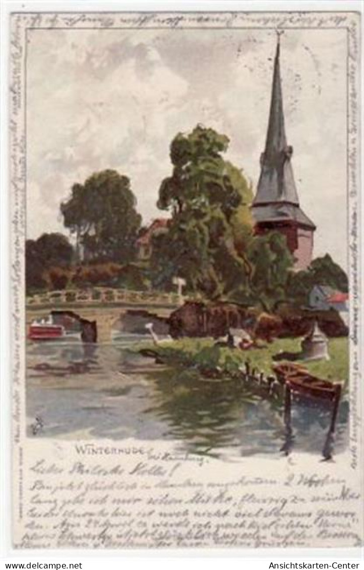 39067954 - Hamburg Nord Winterhude, Lithographie mit Blick auf den Kirchturm gelaufen, 1898. Leicht fleckig, Stempeldur