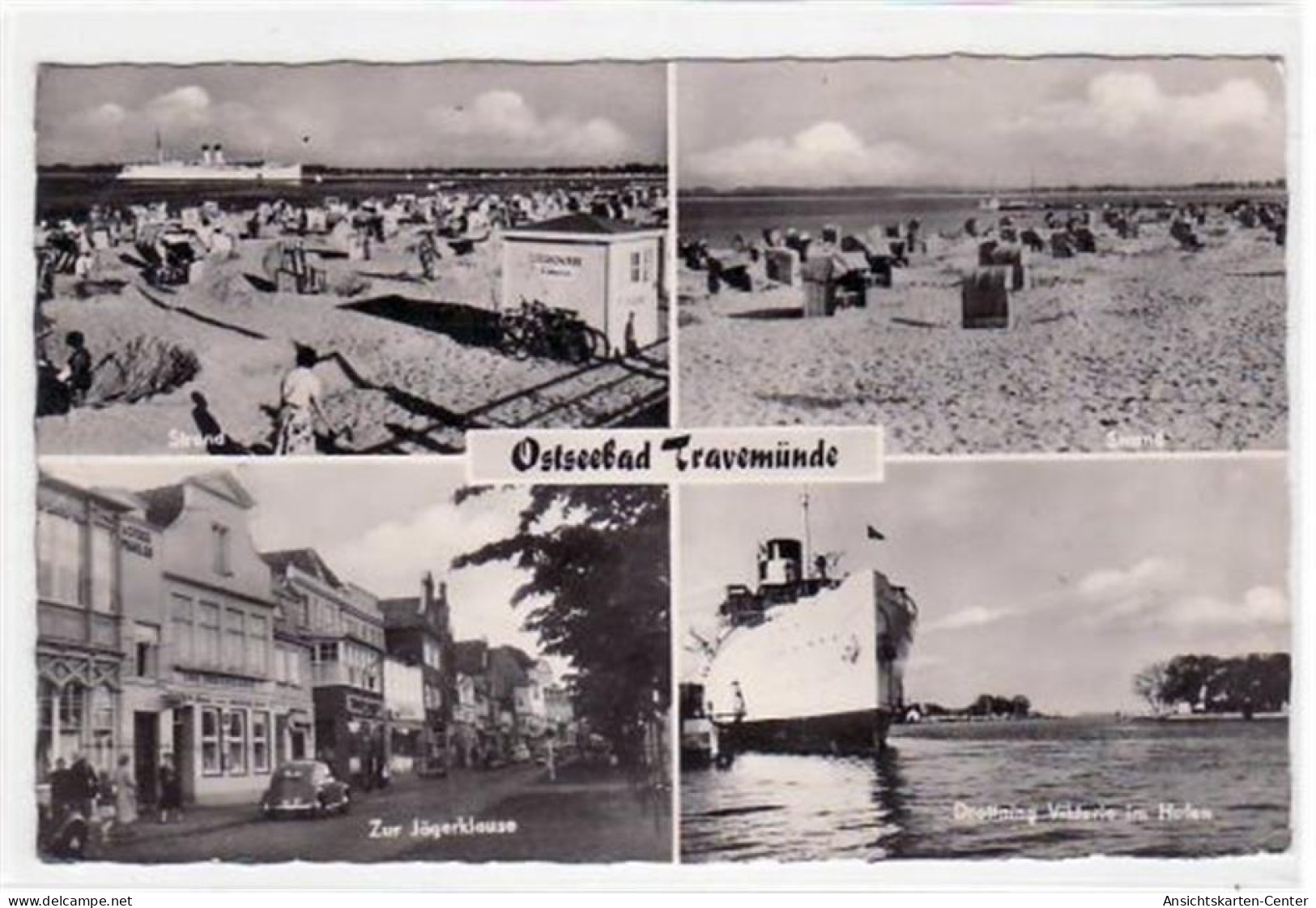 39070989 - Luebeck Travemuende, 4 Abbildungen mit  Zur Jaegerklause  gelaufen, 1957. Leicht buegig, sonst gut erhalten