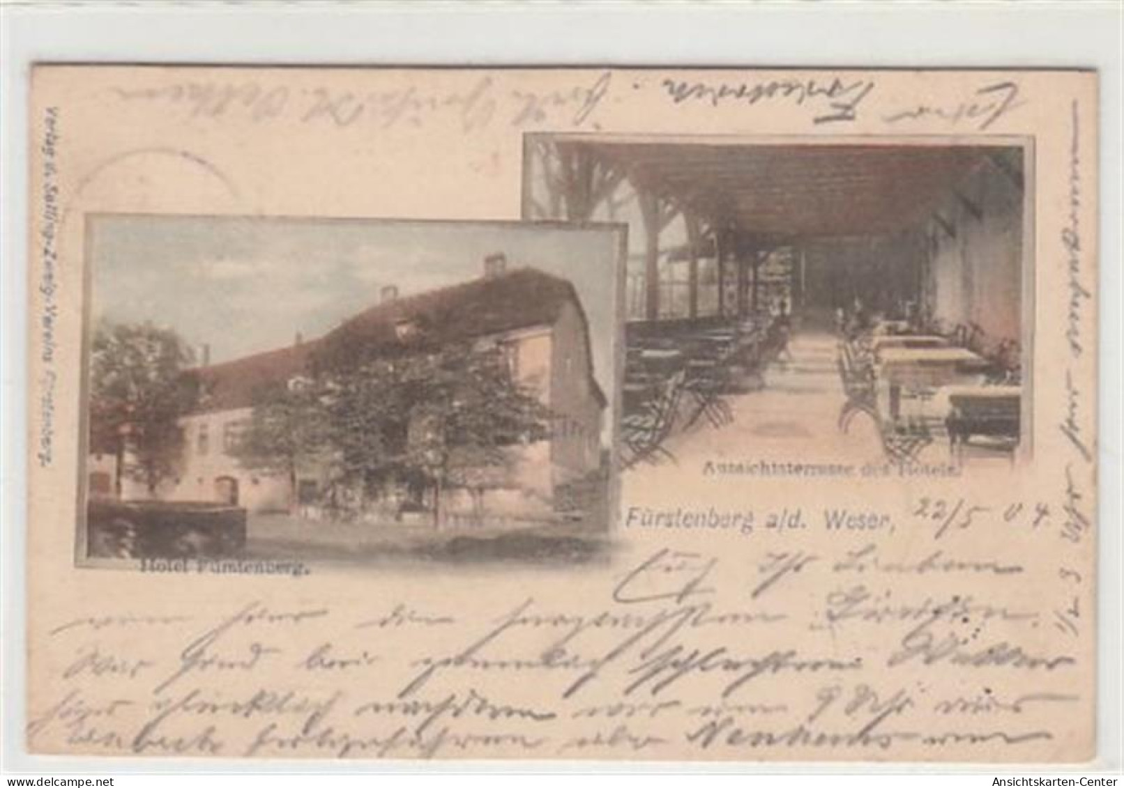 39085428 - Fuerstenberg a. d. Weser mit Hotel Fuerstenberg u. Terrasse gelaufen, 1904. Leichter Stempeldurchdruck, sons