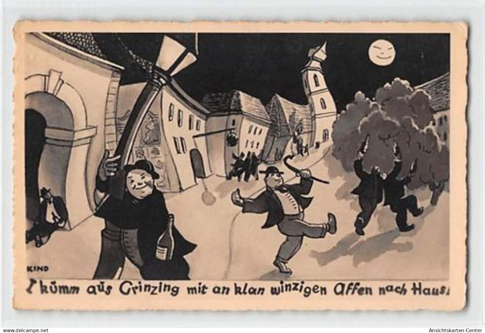 39108588 - Scherzkarte Wien - Grinzing. I kumm aus Grinzing mit an klan winzigen Affen nach Hause. Betrunkene auf verze