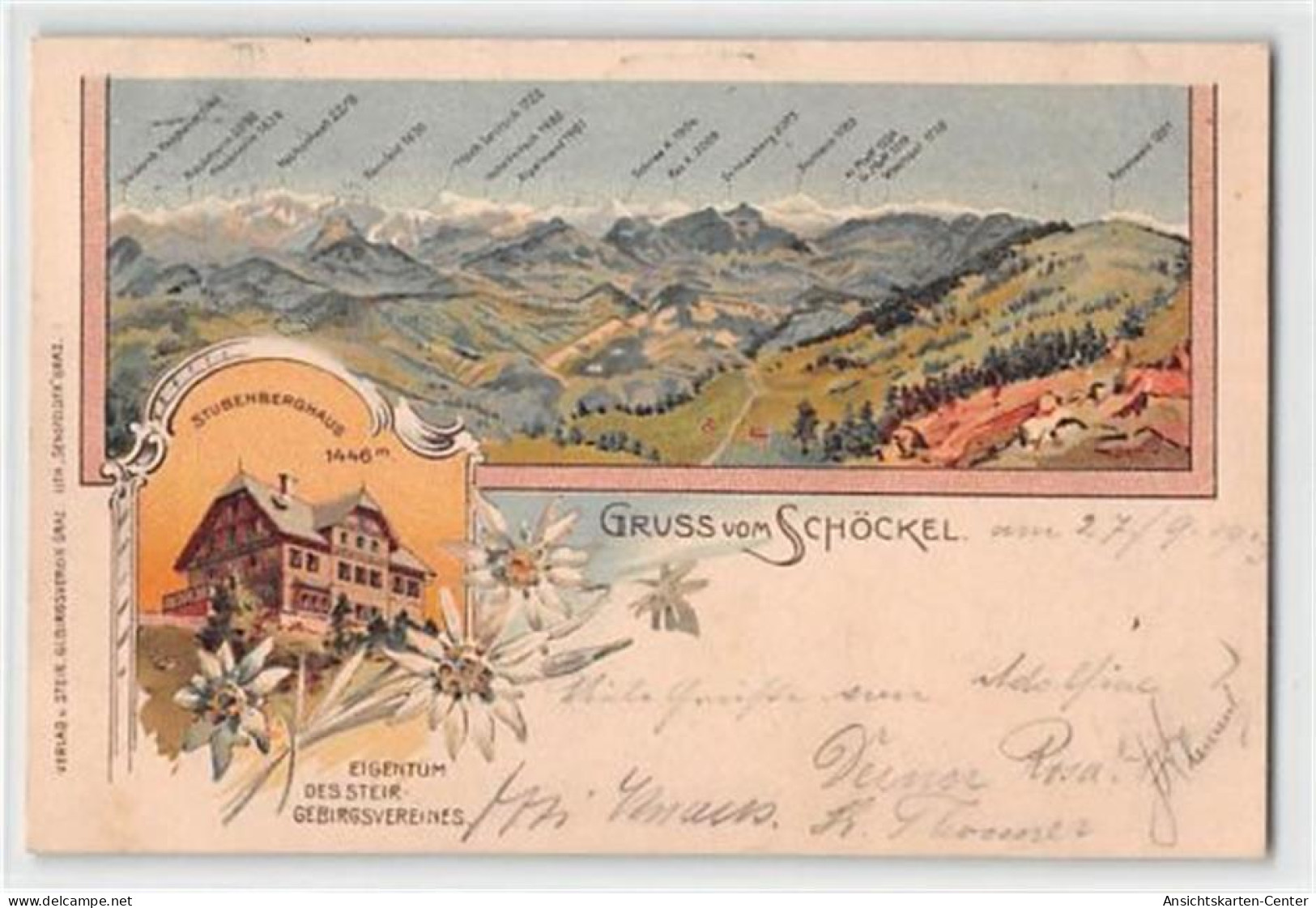 39108968 - Lithographie St. Radegund bei Graz. Gruss vom Schoeckel mit Stubenberghaus, Eigentum des Steir. Gebirgsverei