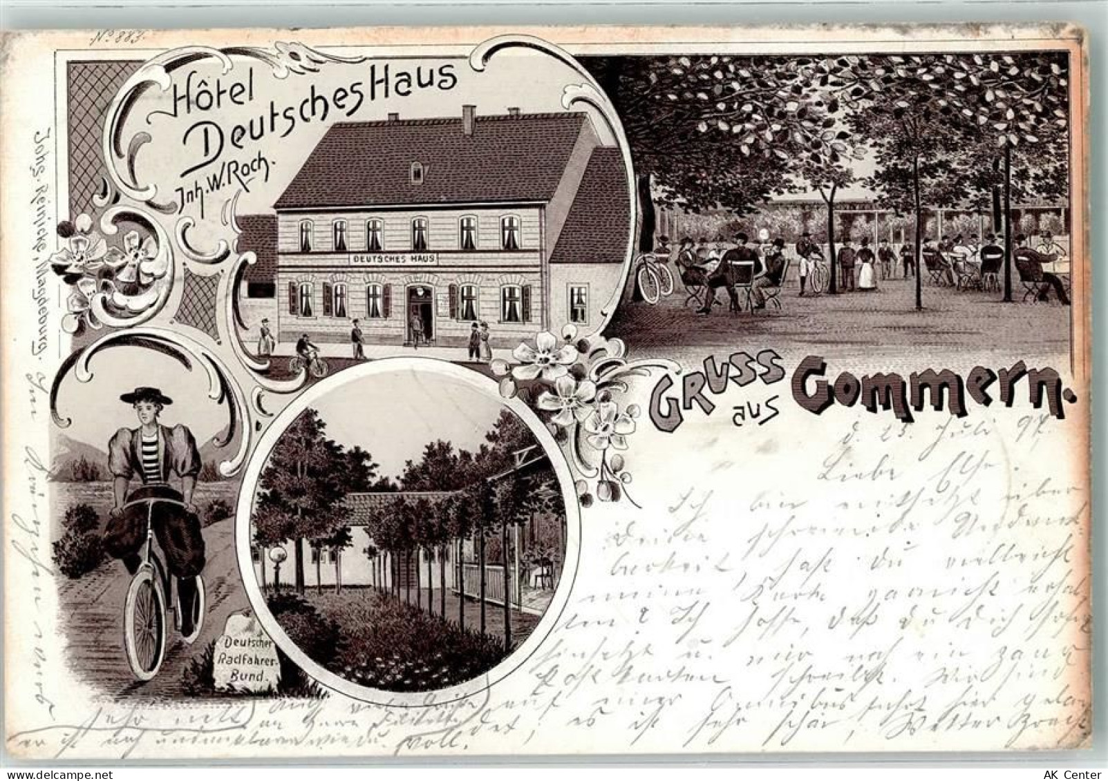 39175 O3104 Gommern 1897 Lithographie Fahrradfahrerin Hotel Deutsches Ha... - 13628137