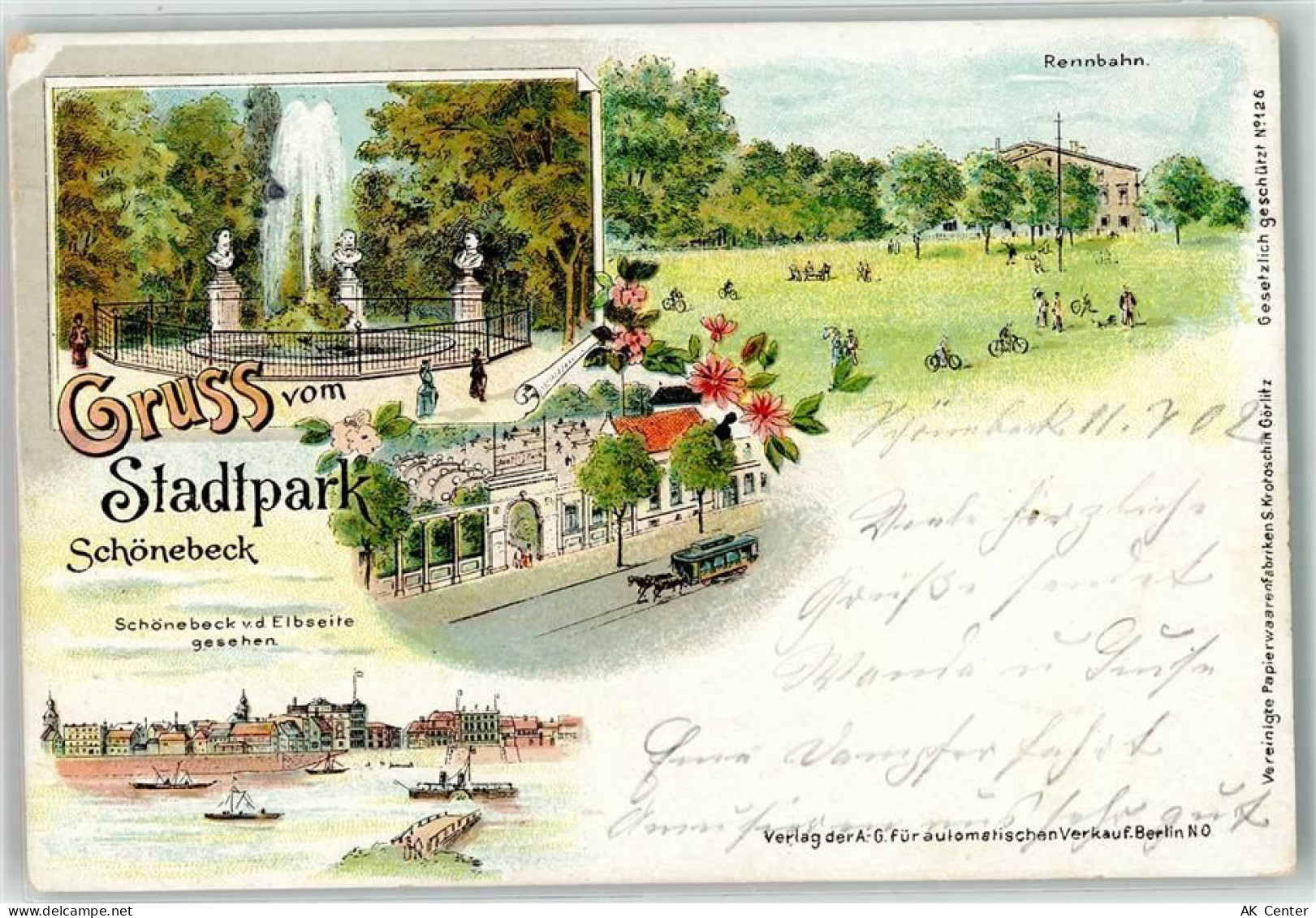 39218 O3300 Schönebeck Elbe 1902 Lithographie Stadtpark Pferdestraßenbah... - 13610264