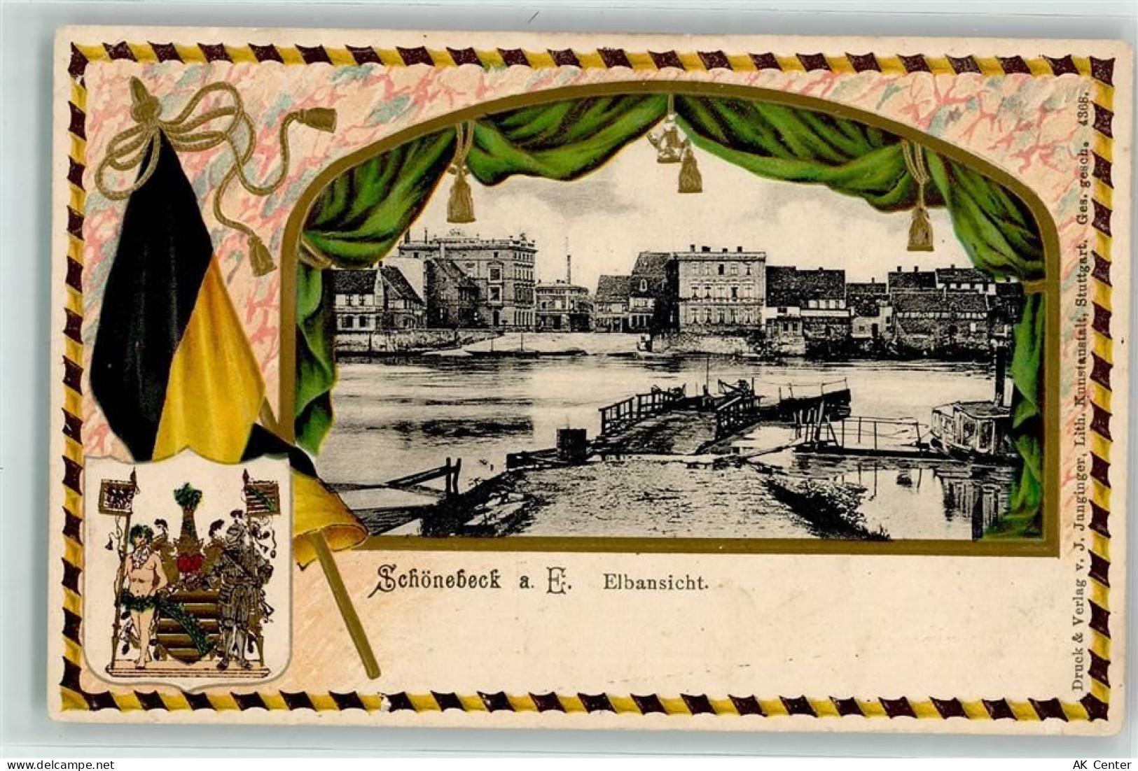 39218 O3300 Schönebeck Elbe Prägedruck Elbansicht Wappen Lithographie Pa... - 13606516